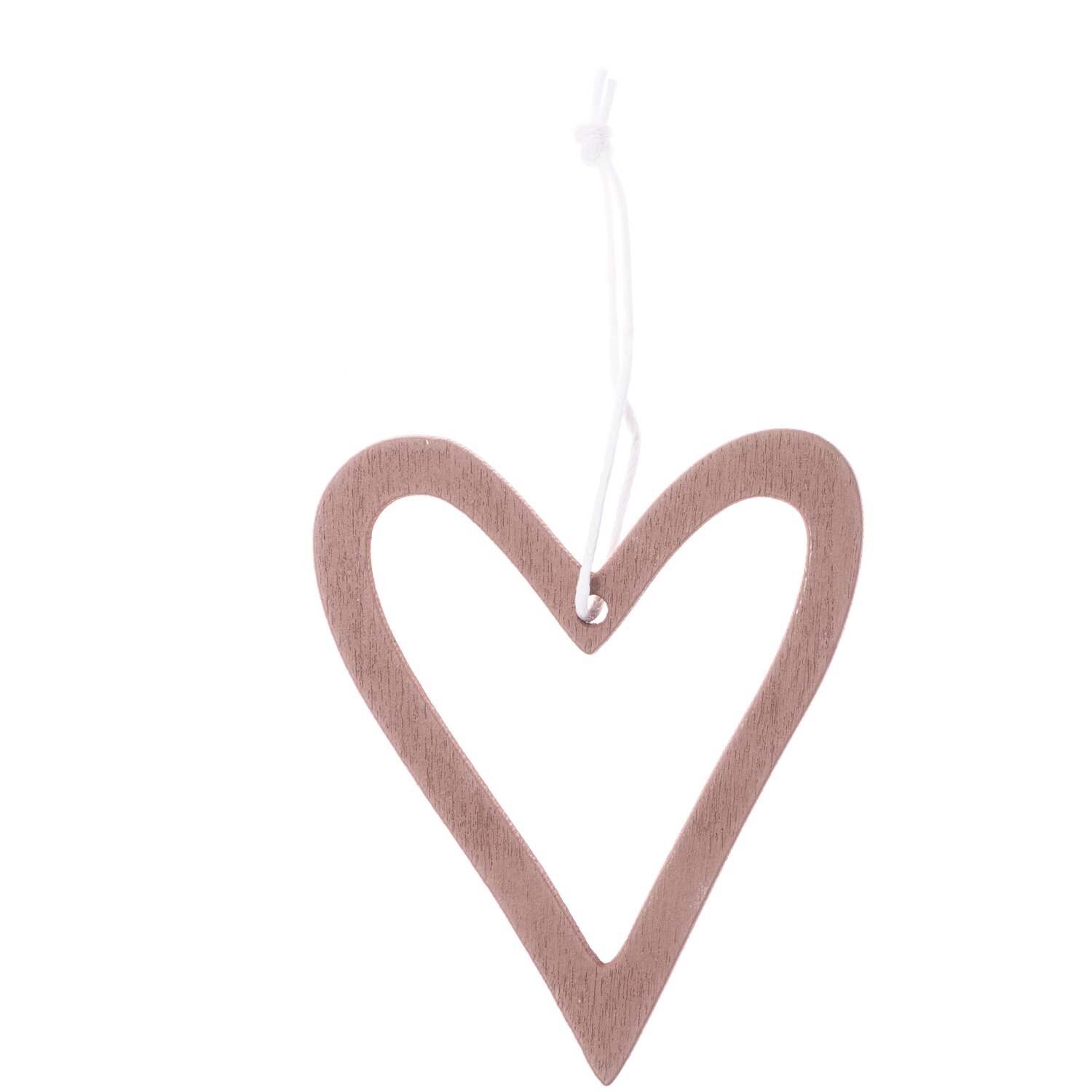 Holzhänger Herz offen rosegold von Rico Design: Herzförmiger Anhänger aus Holz in zartem Rosa mit weißer Schnur zum Aufhängen.