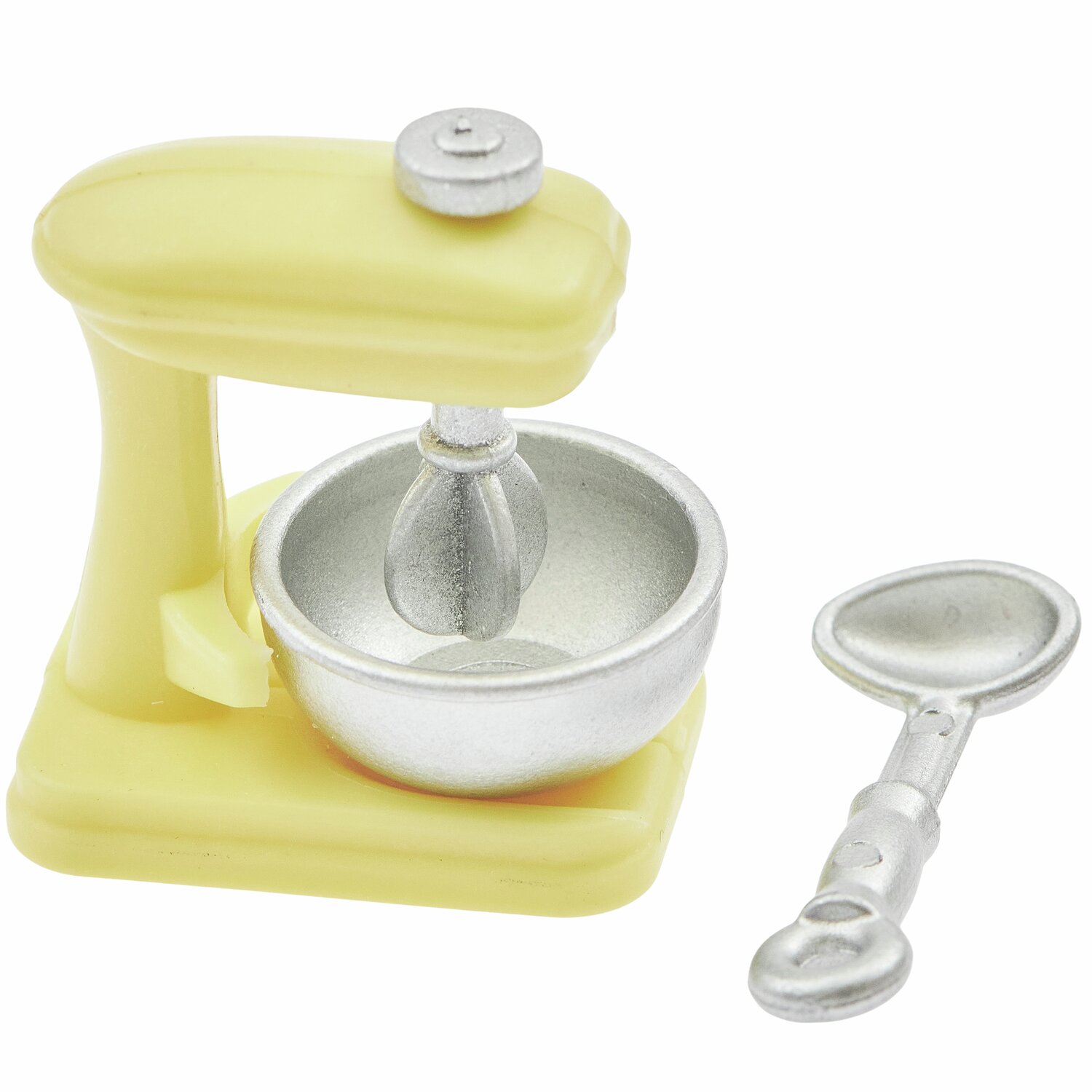 Miniatur Küchenmaschine: Gelbe Küchenmaschine mit silberner Schüssel und Löffel, 3-teilig von Rico Design.
