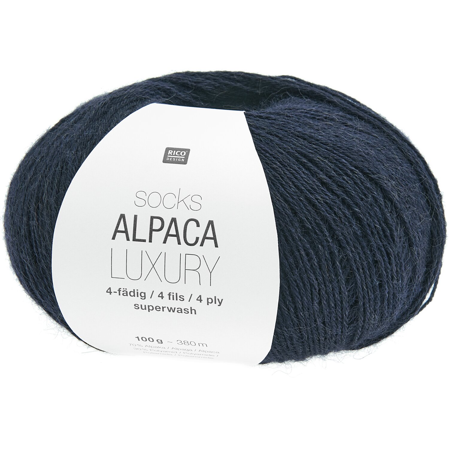 Socks Alpaca Luxury 4-fädig 100g 380m Farbe Marine von Rico Design Socks Alpaca Luxury, marineblaues Garn von Rico Design, 4-fädig, ideal für Strickprojekte.