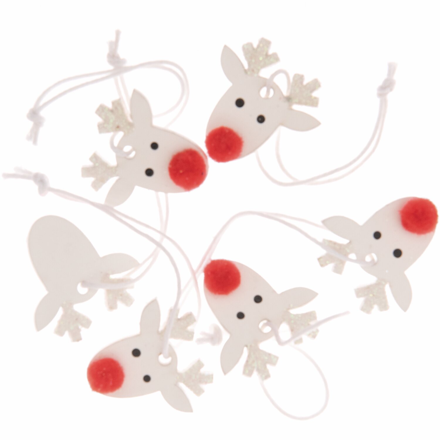 Holzhänger Rentier 31x31mm 6 Stück: Sechs weiße Rentier-Anhänger mit roten Nasen, ideal für festliche Dekorationen.