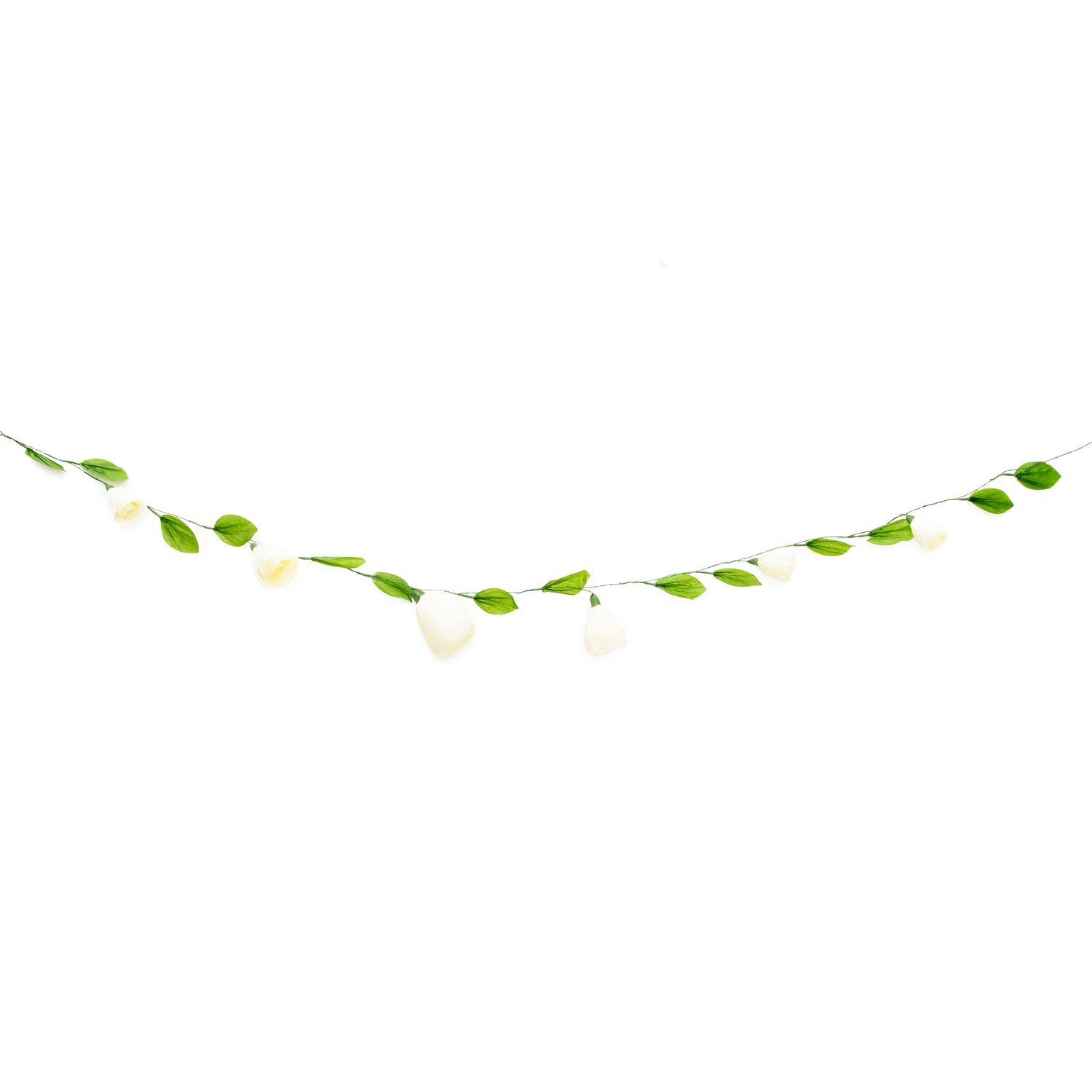 Papierblumen Girlande creme 160cm mit zarten Blüten und grünen Blättern, ideal für Dekorationen.