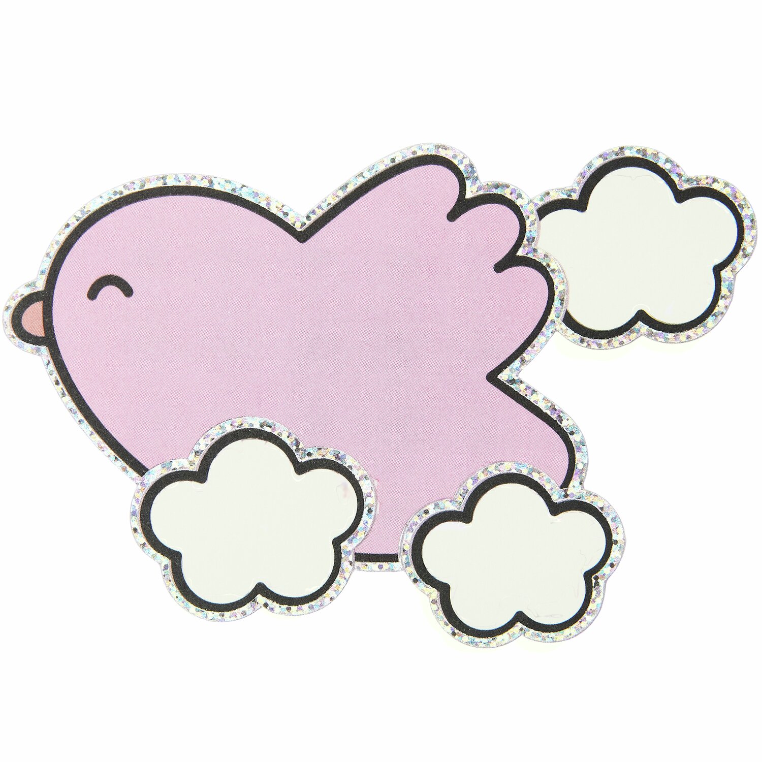 Paper Poetry Clip-Ons Chingu Sky, rosa Vogel mit Glitzerumrandung, umgeben von weißen Wolken.