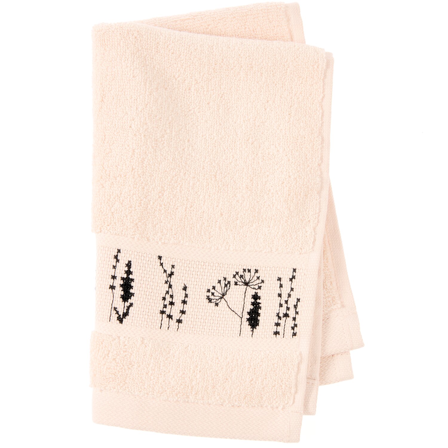 Stickset Gästetuch, Puder Modell 80857 aus Stickbuch 186, zartes Handtuch mit schwarzem floralen Kreuzstichmuster auf dekorativer Bordüre