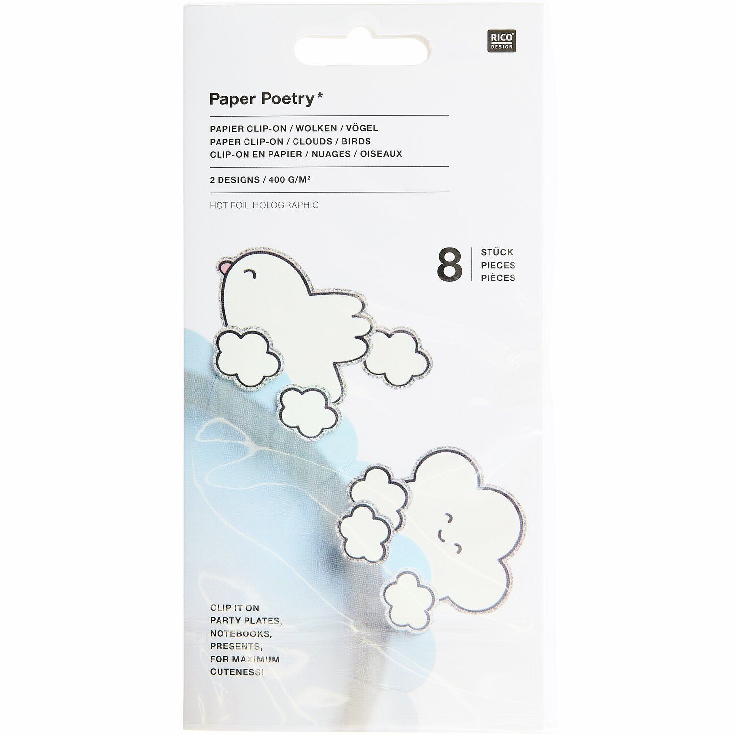 Paper Poetry Clip-Ons Chingu Wolken/Vögel Weiß 8-teilig von Rico Design
