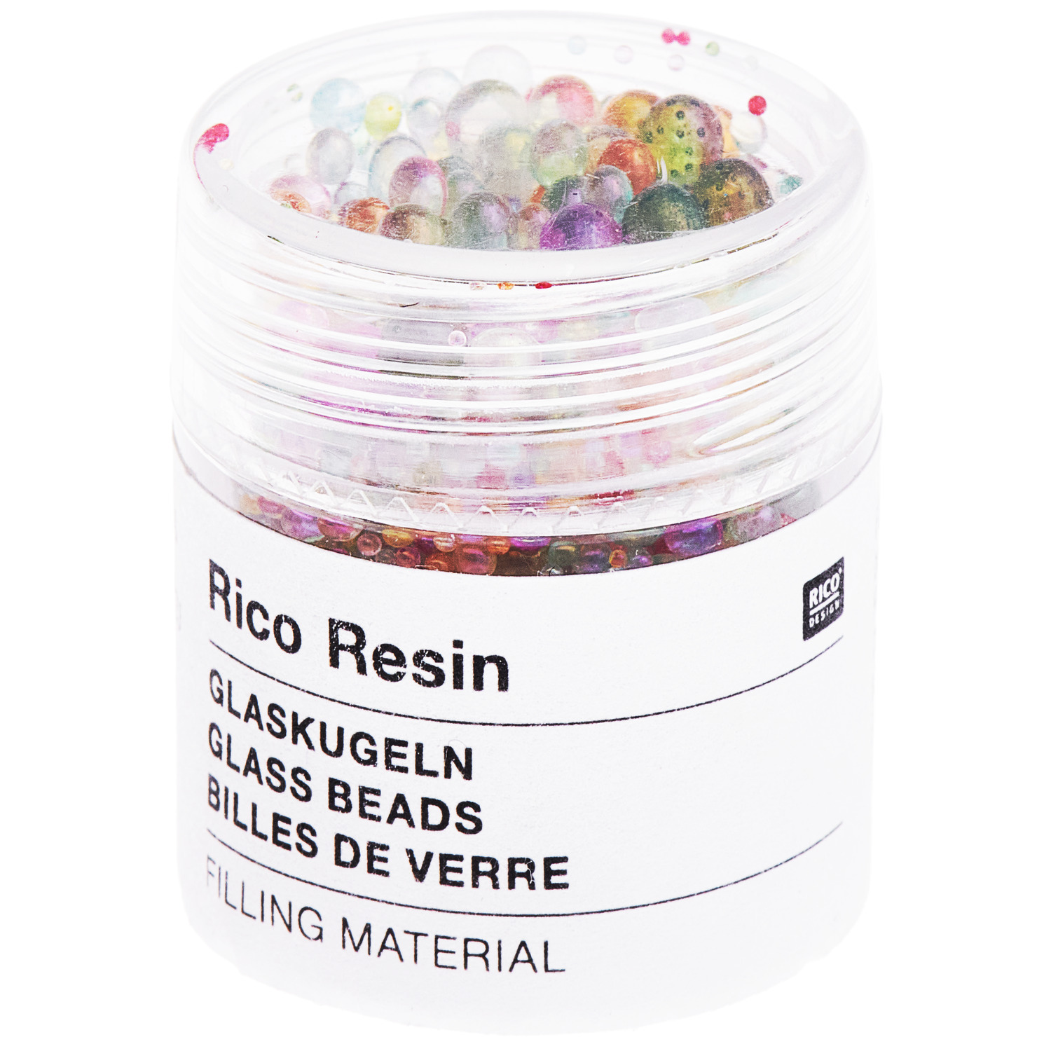 Füllmaterial für Resin Glaskugeln von Rico Design in einem transparenten Behälter, bunt und 12,4g schwer.
