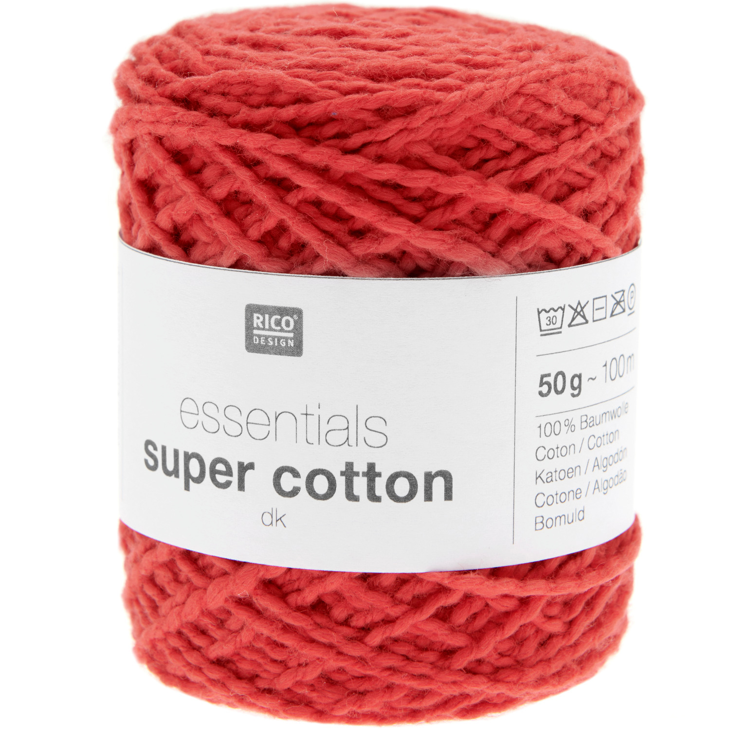 Essentials Super Cotton dk, rotes Garn von Rico Design, 50g Knäuel, 100m Länge, ideal für Strickprojekte.
