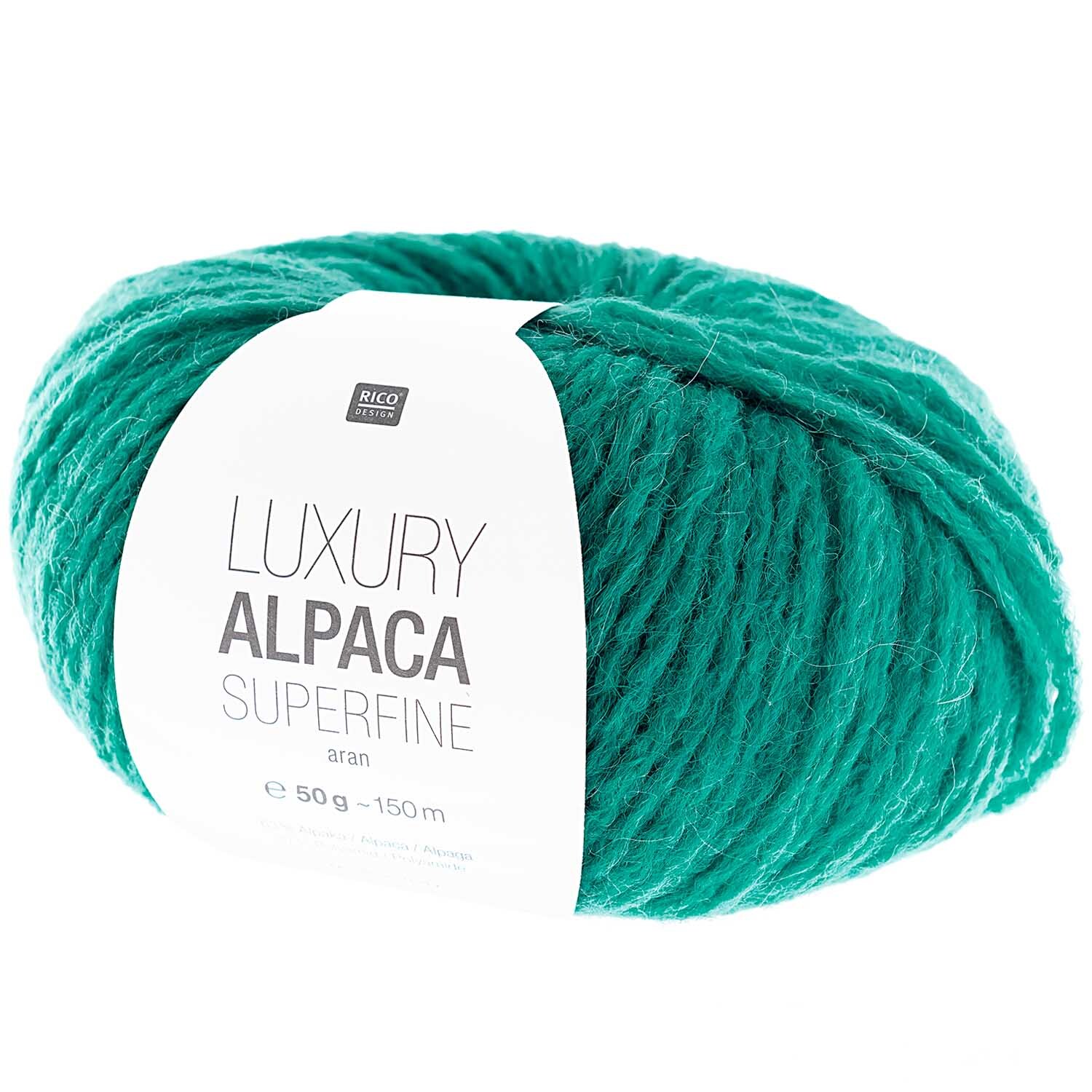 Rico Luxury Alpaca Superfine aran Wolle in Grün, 50g Knäuel, ideal für hochwertige Strickprojekte.