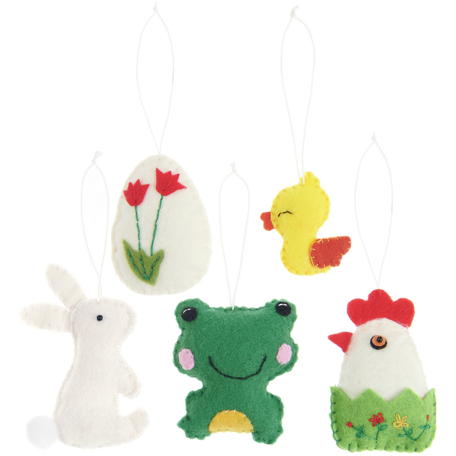 Aufhänger Filz-Osterfiguren 2D 5 Stück: Bunte Filzfiguren in Tier- und Blumenform, ideal für Osterdekorationen.