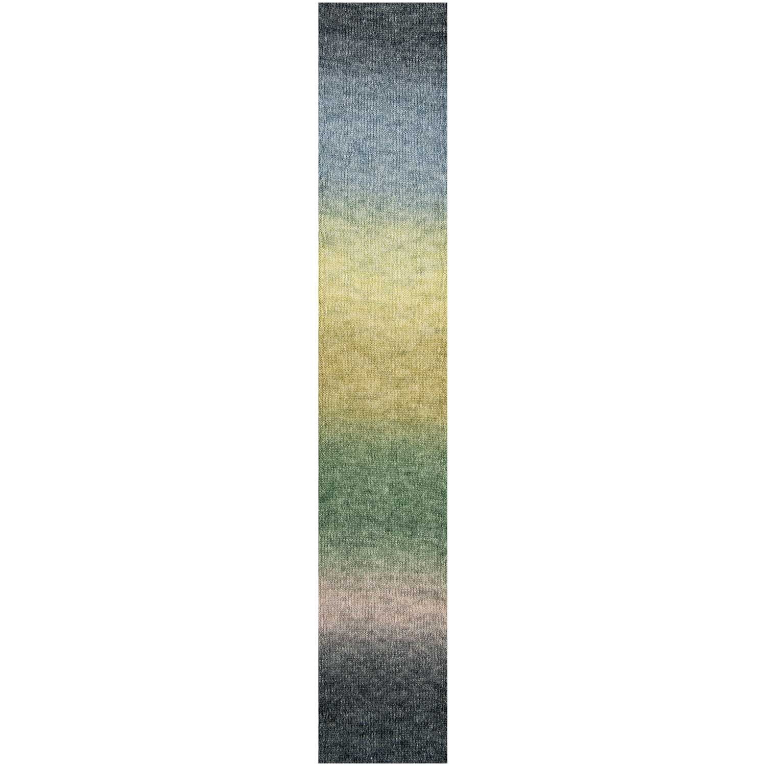 Essentials Super Kid Mohair Loves Silk Print zeigt einen sanften Farbverlauf von Blau zu Grün. Ideal für kreative Strickprojekte.