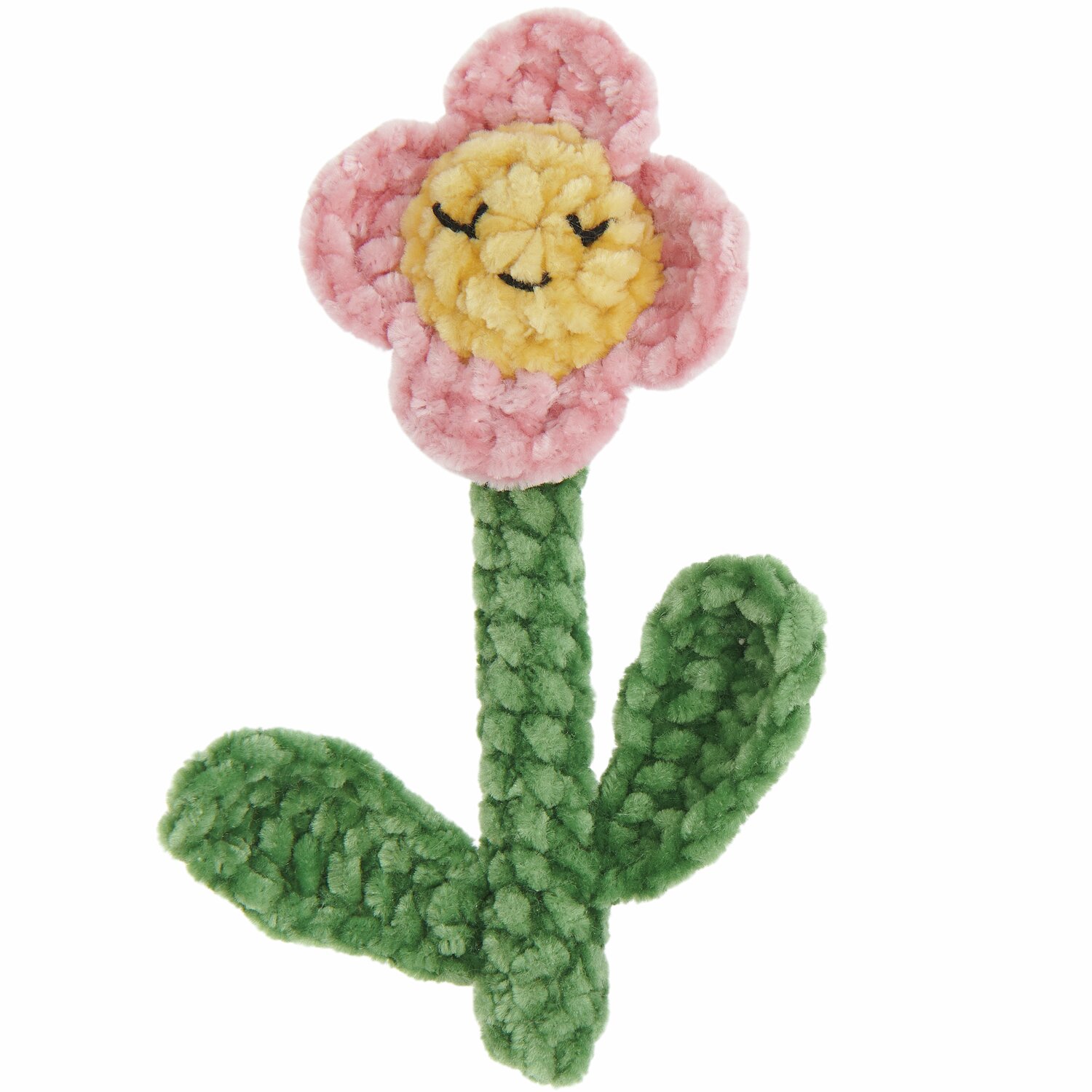 Ricorumi Häkelset Schlüsselanhänger Chingu Earth zeigt eine gehäkelte Blume in Rosa und Gelb mit grünem Stiel und Blättern.