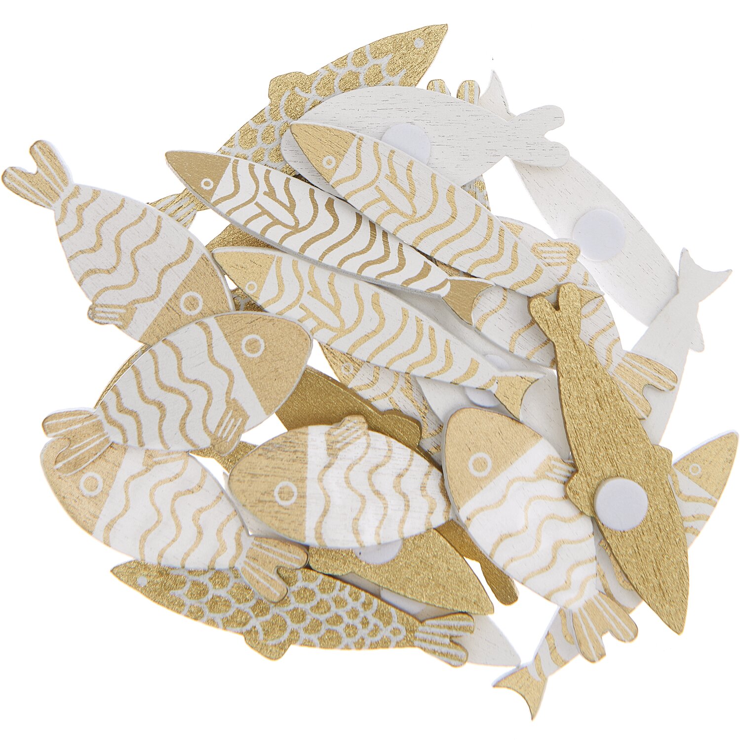 Holzsticker Fisch Mix gold-weiß 24 Stück: Dekorative Fische in Gold und Weiß von Rico Design. Ideal für kreative Bastelprojekte.