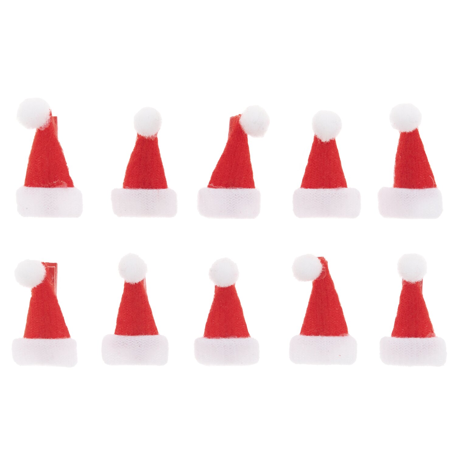 Dekoklammern Weihnachtsmützen 2,5cm 10 Stück: Zehn rote Mützen mit weißem Bommel, ideal für festliche Dekorationen.