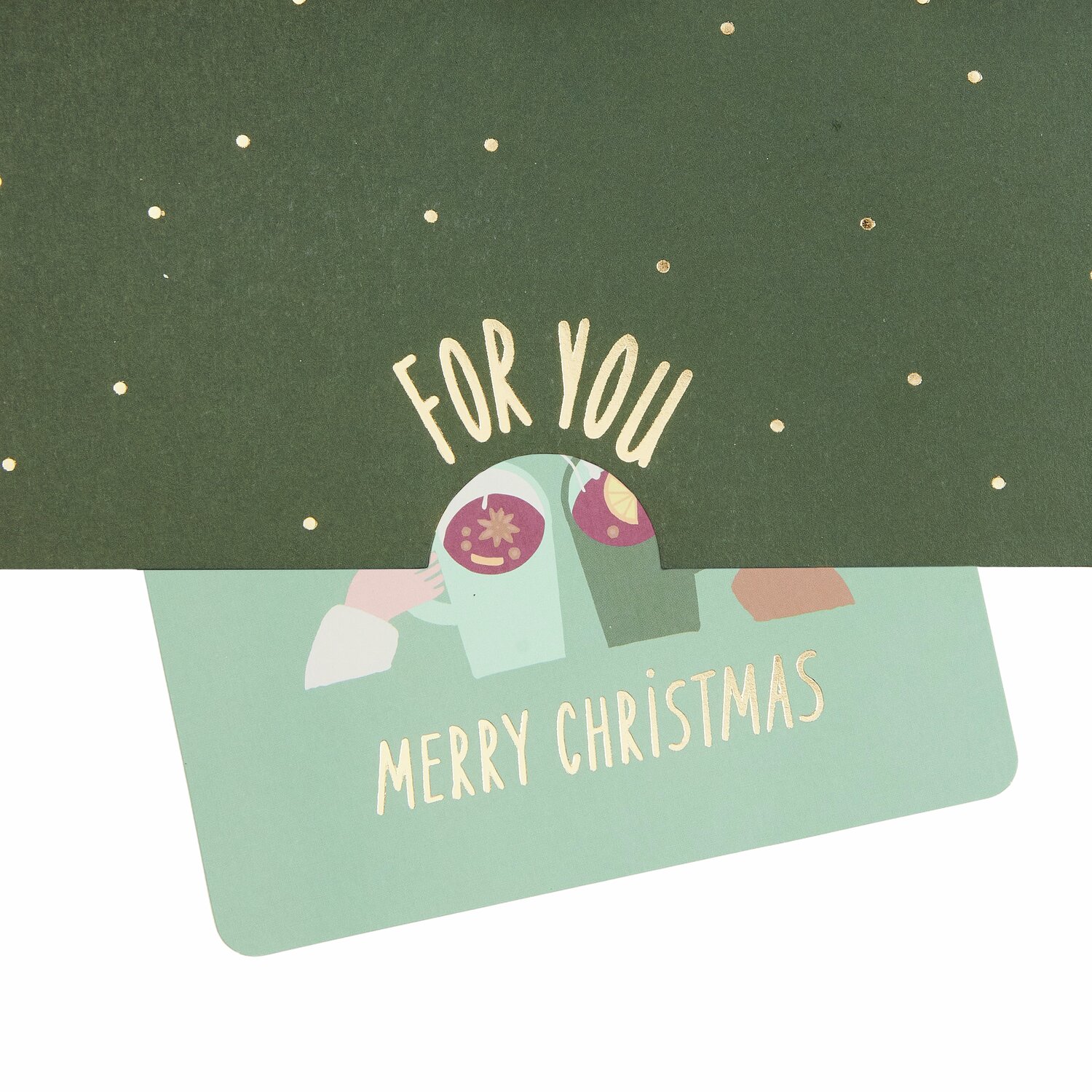 Pop-Up Karte Weihnachtsmarkt für Geldgeschenke, A5, mit grünem Hintergrund und goldenen Punkten.