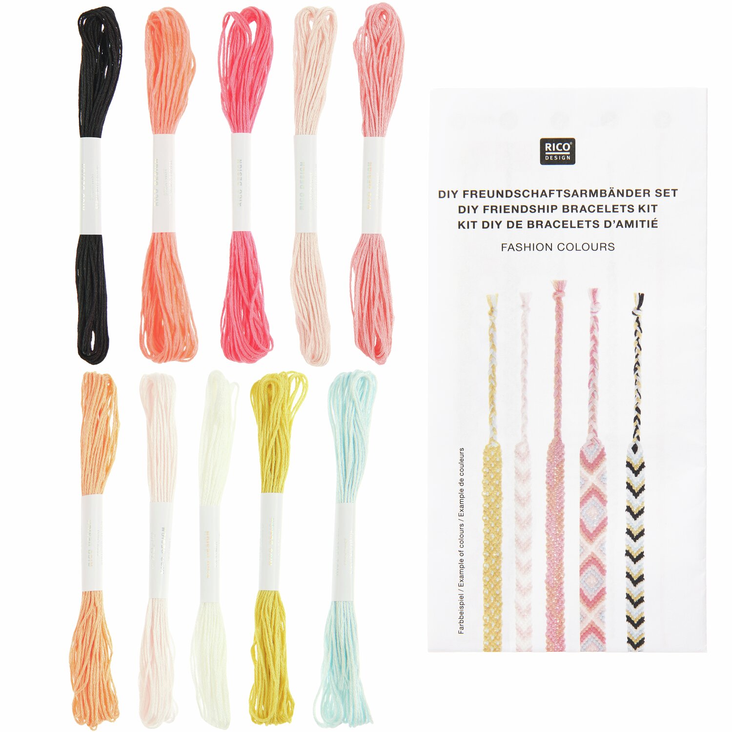 DIY Freundschaftsarmbänder Set Fashion Colours mit bunten Garnen von Rico Design für kreative Armbänder. Ideal für individuelle Schmuckprojekte.