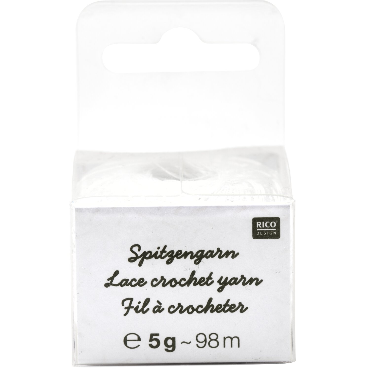 Spitzengarn, feines Häkelgarn von Rico Design in heller Nuance, 5g 98m, im transparenten Kunststoffkarton mit mehrsprachiger Aufschrift für filigrane Häkelarbeiten