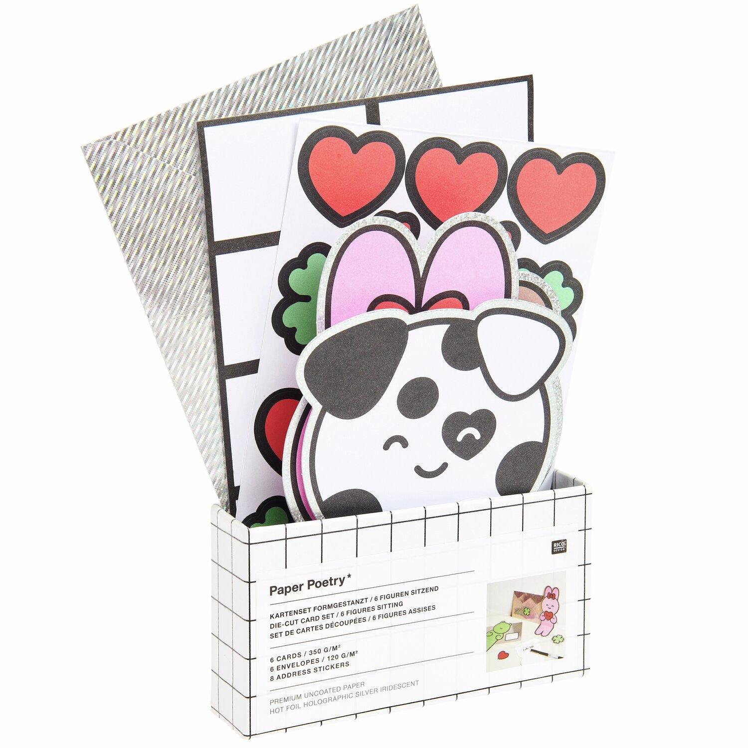 Paper Poetry Kartenset Chingu formgestanzt mit süßem Tiermotiv und roten Herzen, ideal für kreative Grüße.