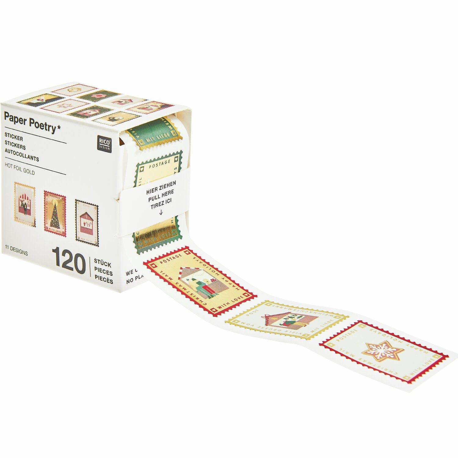 Paper Poetry Mini-Sticker Weihnachtsmarkt Briefmarken mit 120 Stück von Rico Design. Enthält bunte, festliche Motive auf einer Rolle.