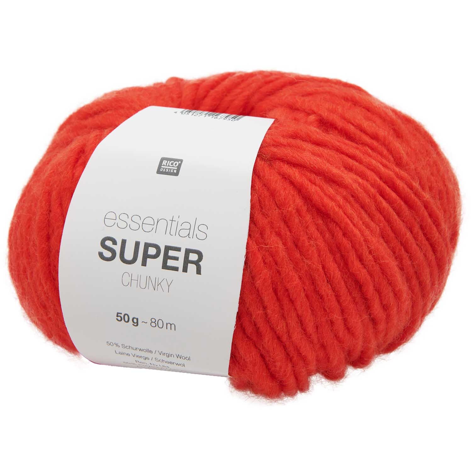Essentials Super Chunky Wolle in leuchtendem Rot von Rico Design, 50g Knäuel, ideal für warme Strickprojekte.