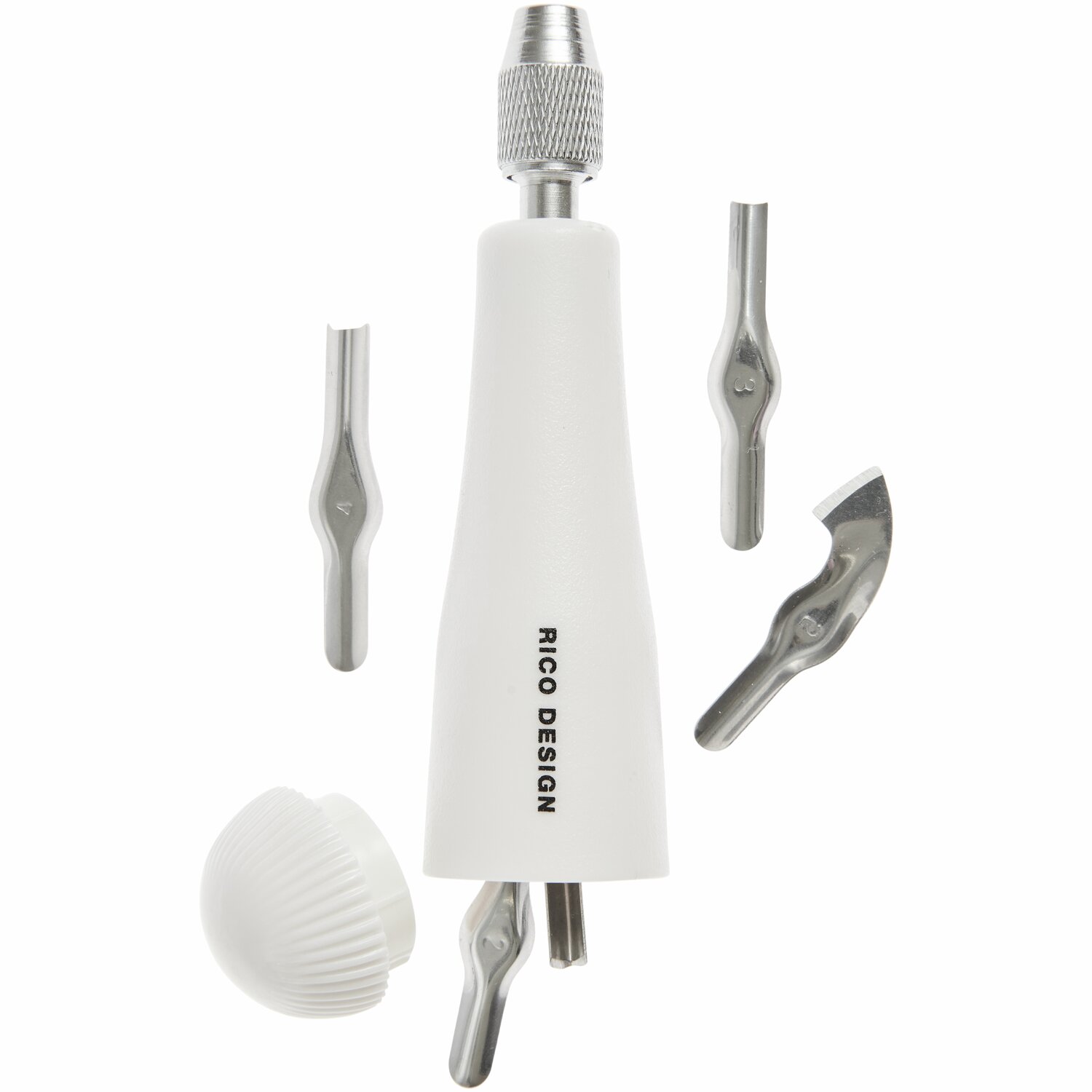 Linolschnittwerkzeug, 6-teilig: Weißes Set von Rico Design mit verschiedenen Klingen für präzises Arbeiten.