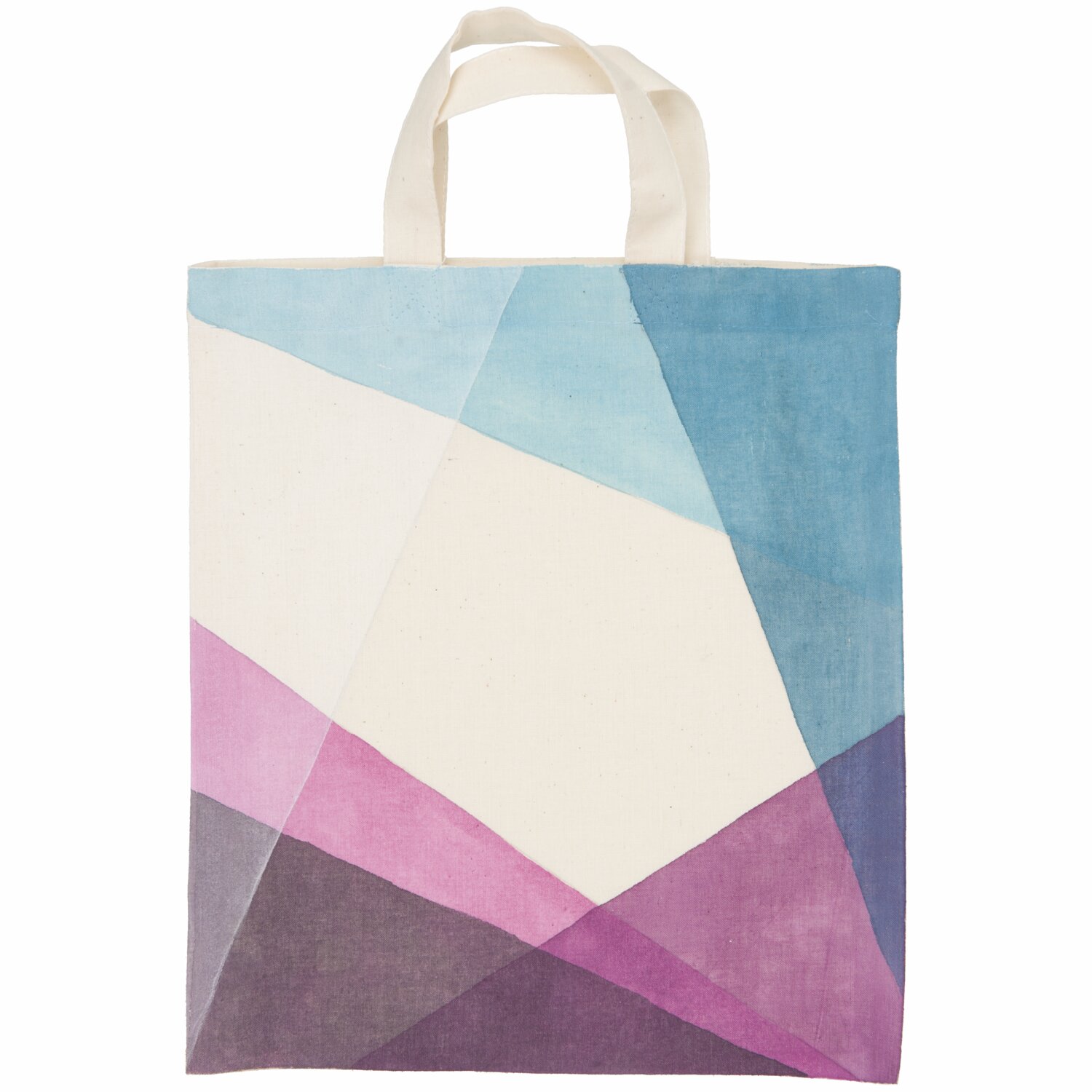 Textilfarben fashion  6x40ml von Rico Design Textilfarben fashion: Stofftasche mit geometrischem Muster in Blau, Lila und Rosa, bemalt mit Rico Design Farben.