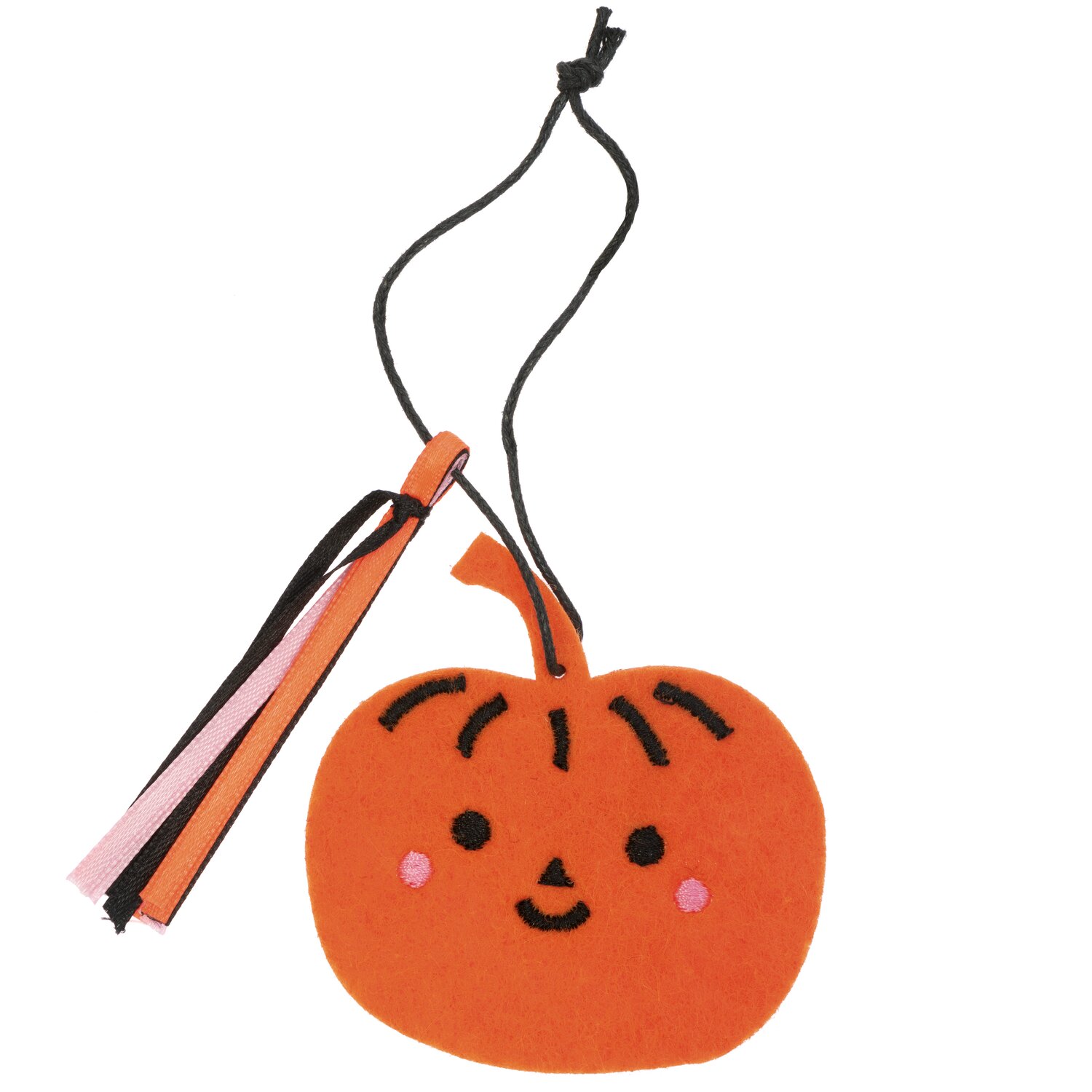 Filzhänger Kürbis orange 7x7,2cm mit fröhlichem Gesicht und bunten Bändern, ideal für Herbstdekoration.