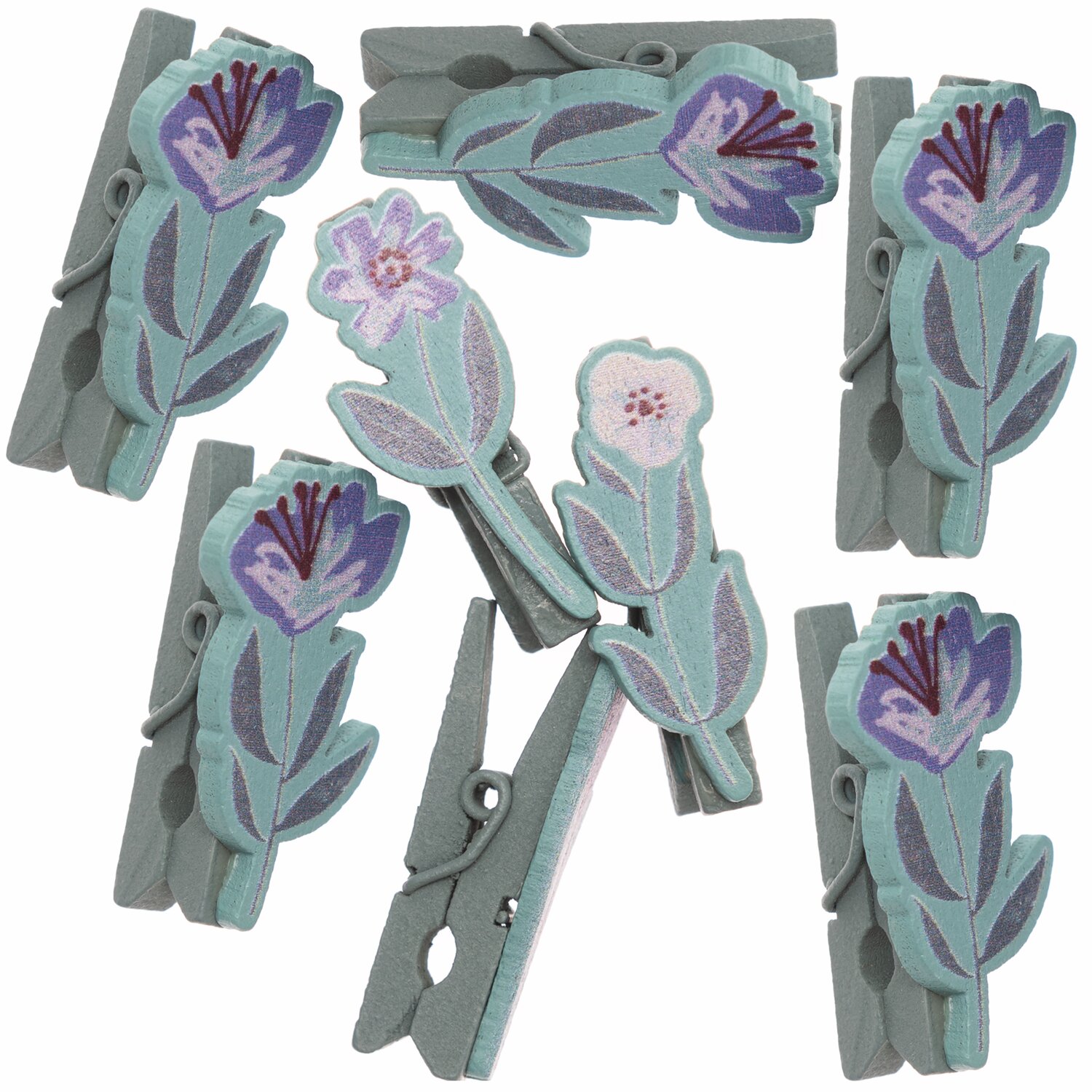 Dekoklammern Blume 8 Stück in Grün-Blau mit floralen Mustern, ideal für kreative Dekorationen.