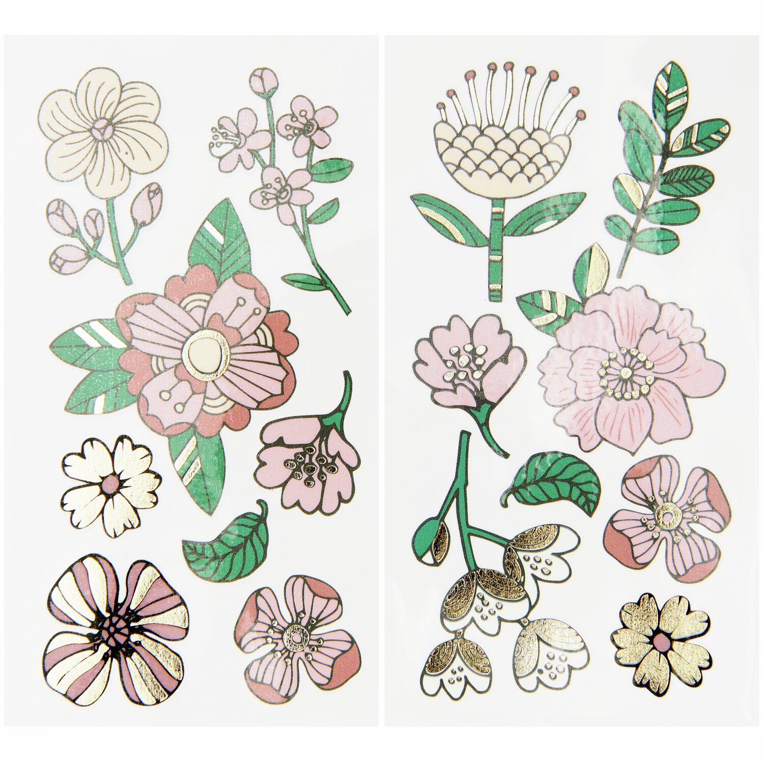 Tattoos Hygge Blumen, 16-teilig: Bunte Blumen-Tattoos in Rosa und Grün von Rico Design für kreative Gestaltung.