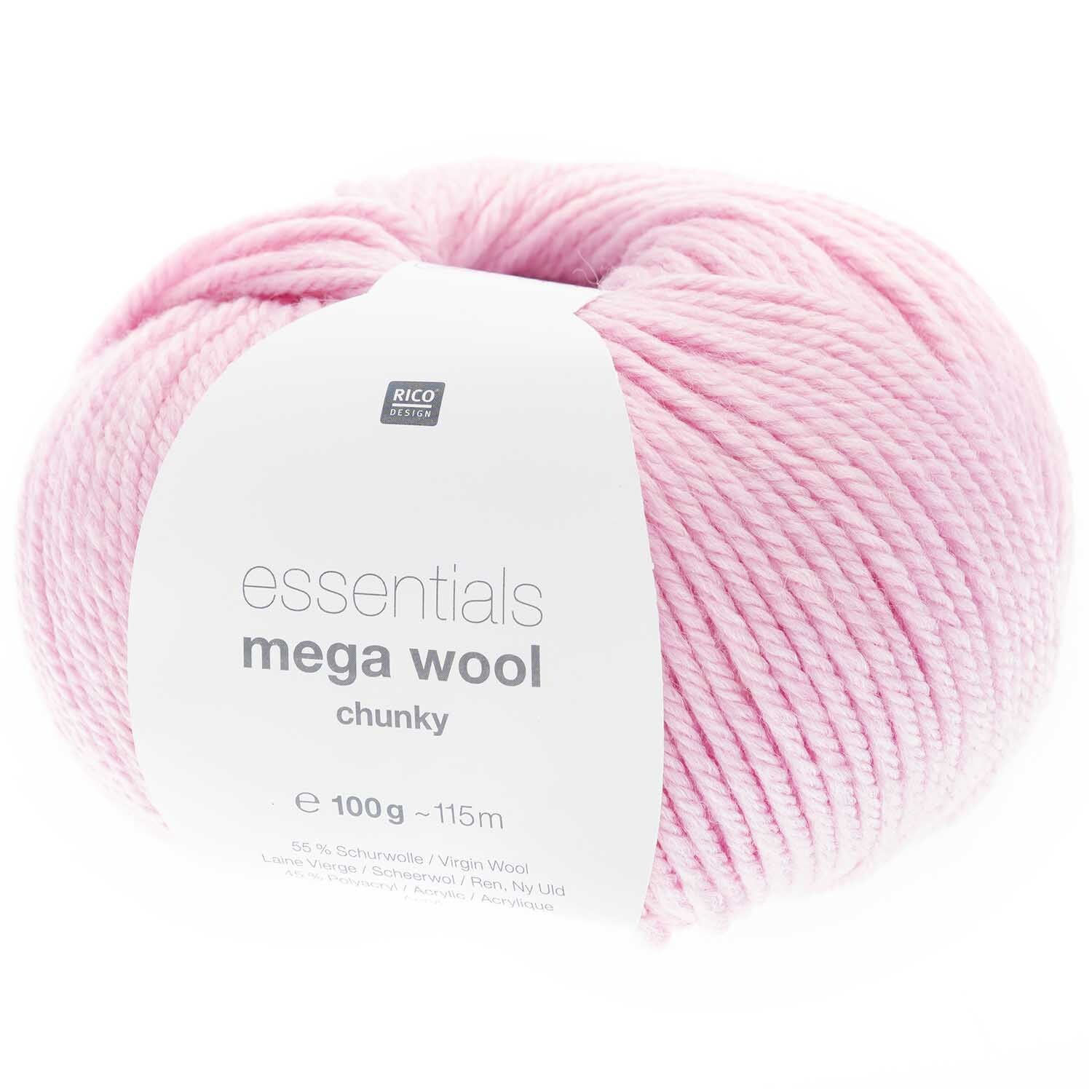 Essentials Mega Wool chunky in Bonbonrosa von Rico Design, 100g Knäuel, ideal für warme Strickprojekte.