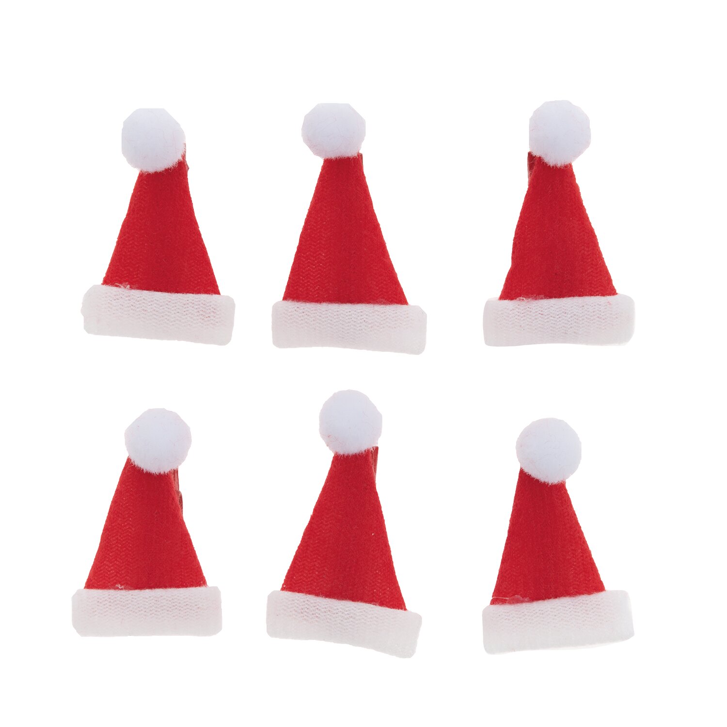 Dekoklammern Weihnachtsmützen rot 3,5cm 6 Stück: Sechs rote Weihnachtsmützen mit weißem Rand und Bommel, ideal für festliche Dekorationen.