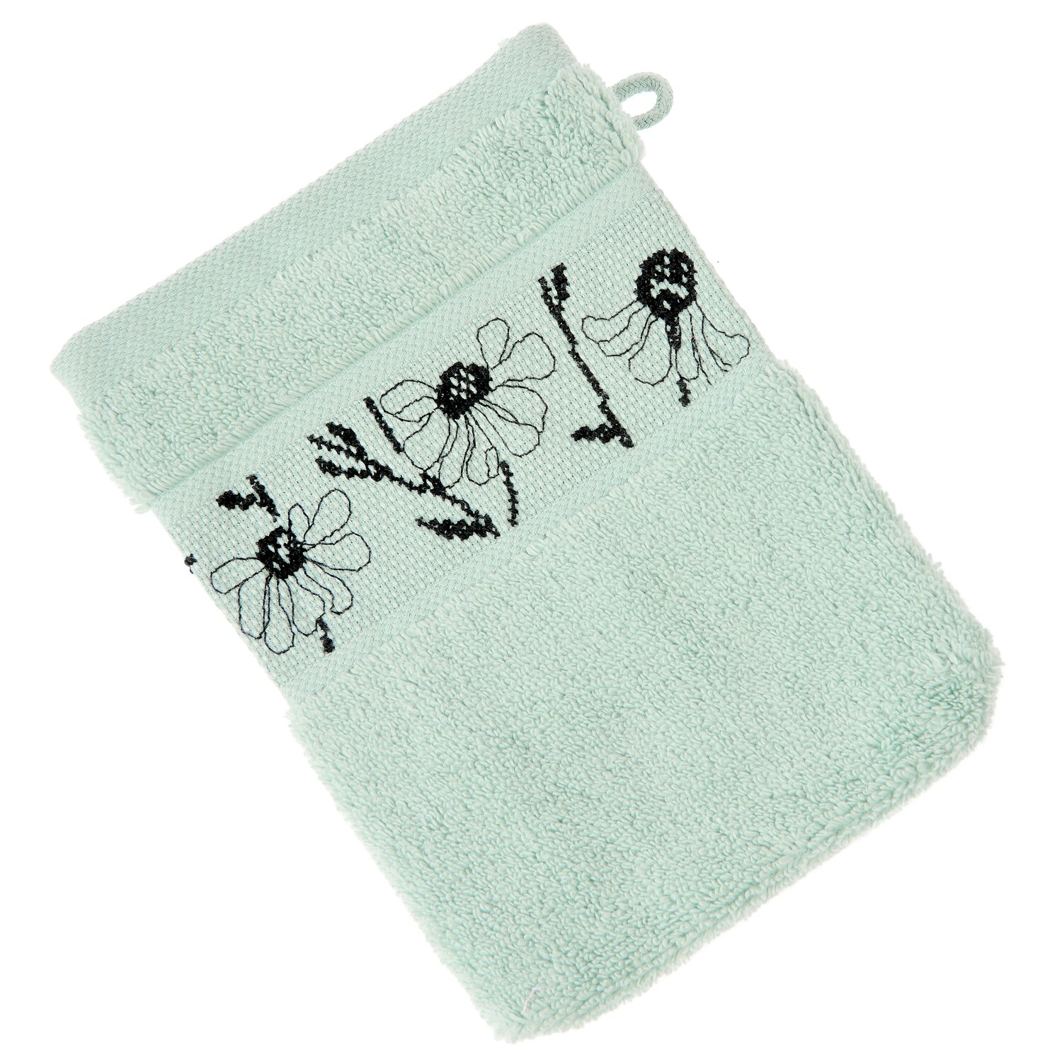 Stickset Waschhandschuh, Mint Modell 80853 aus Stickbuch 186 mit schwarzem Blumenmuster auf weichem Frottee, Aufhängeschlaufe und strukturierter Bordüre
