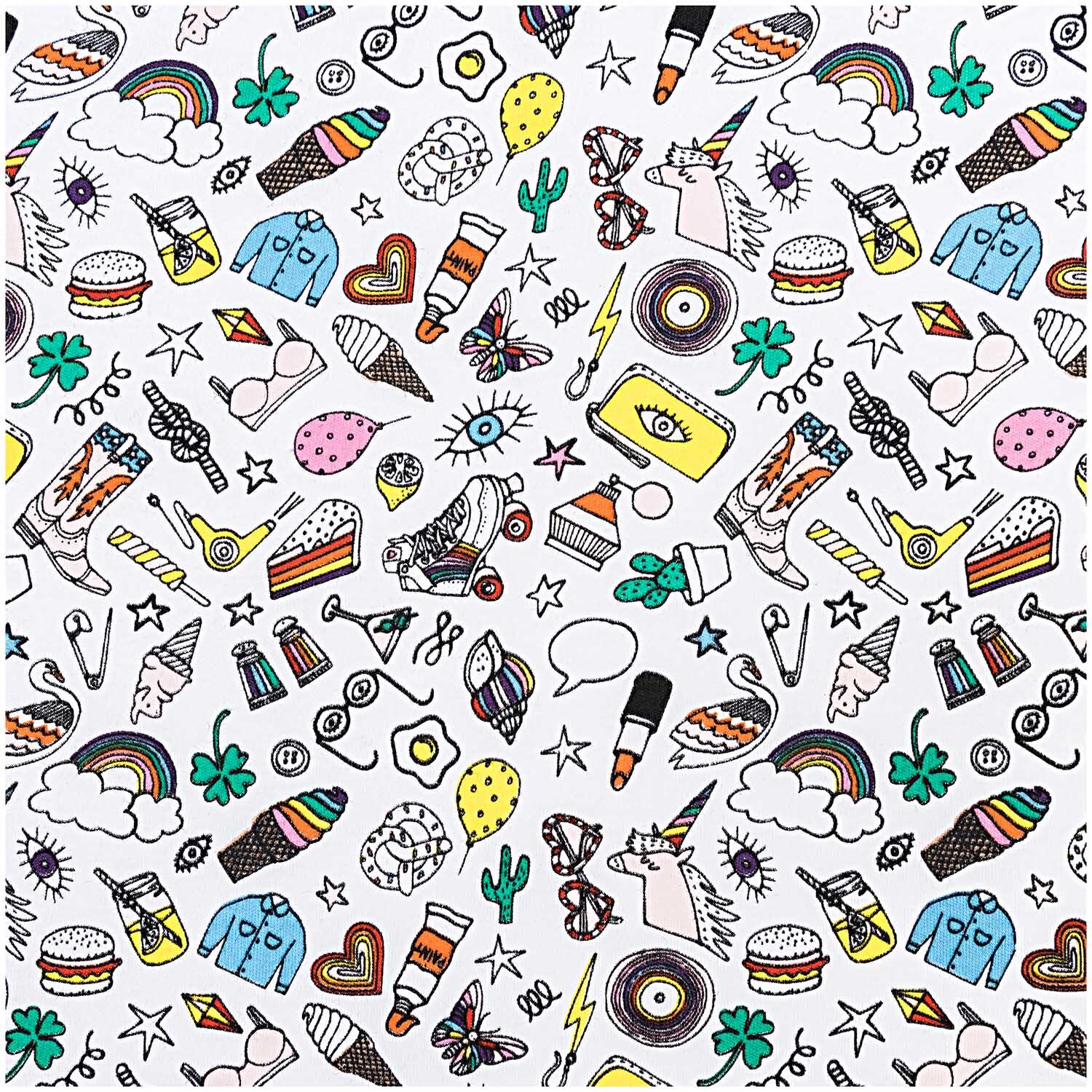 Stoff Jersey Icons weiß-mehrfarbig 70x100cm