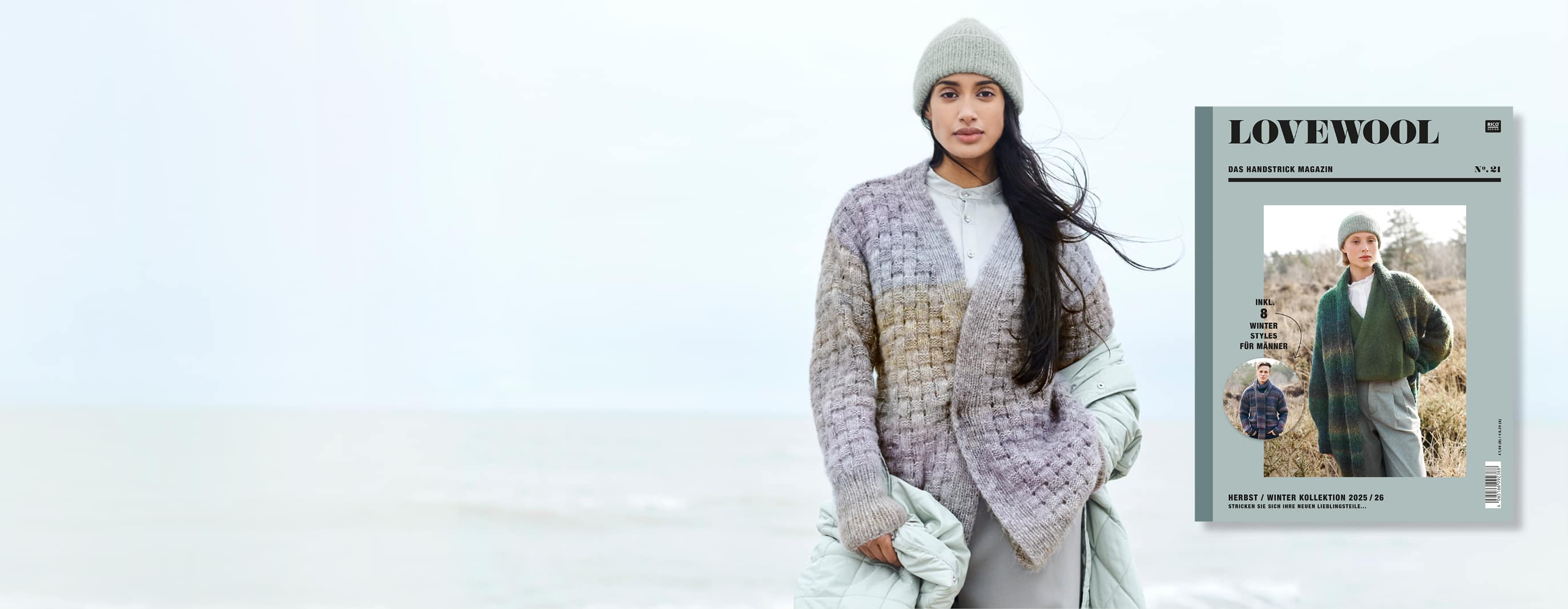 Eine Frau trägt eine gestrickte Jacke und Mütze. Daneben ein Cover des Handstrick Magazins Lovewool No. 21
