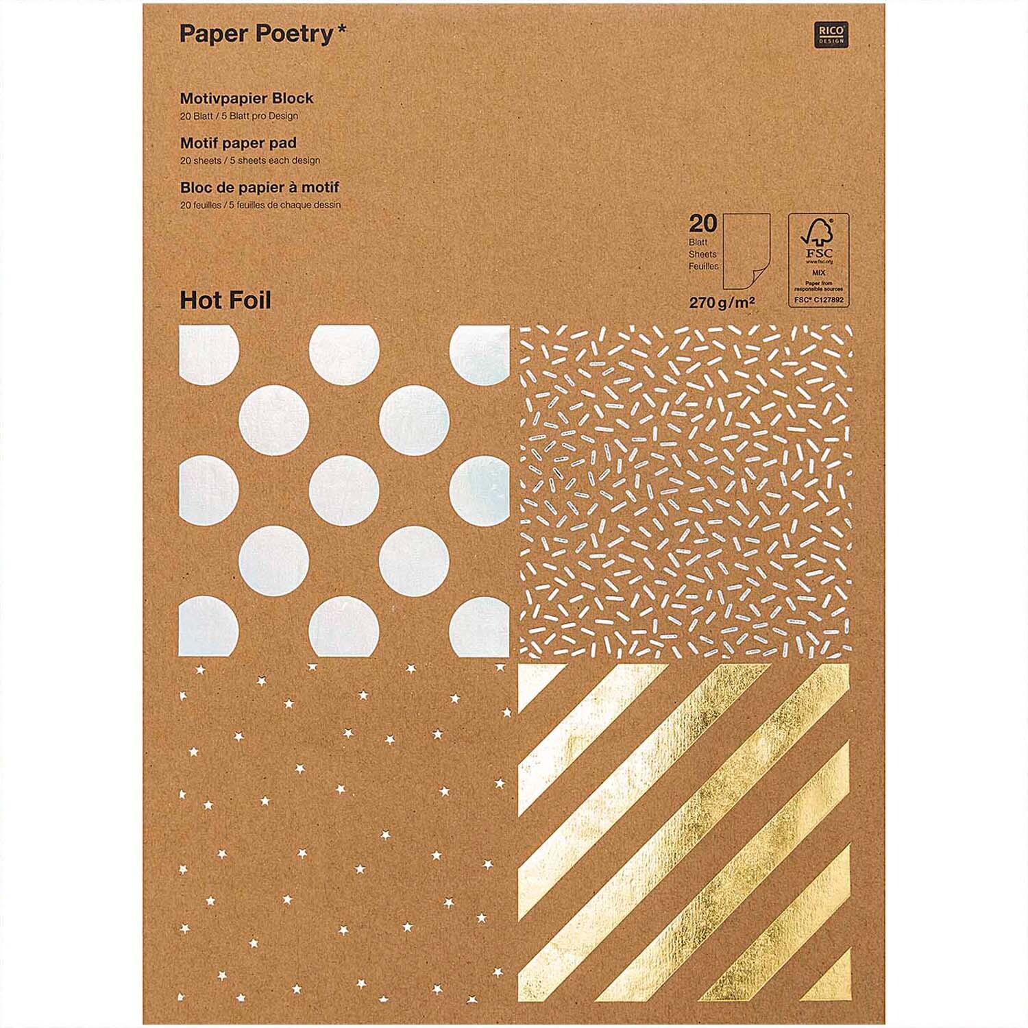 Paper Poetry Kraftpapier Block Streifen 270g/m² 20 Blatt Hot Foil von Rico Design