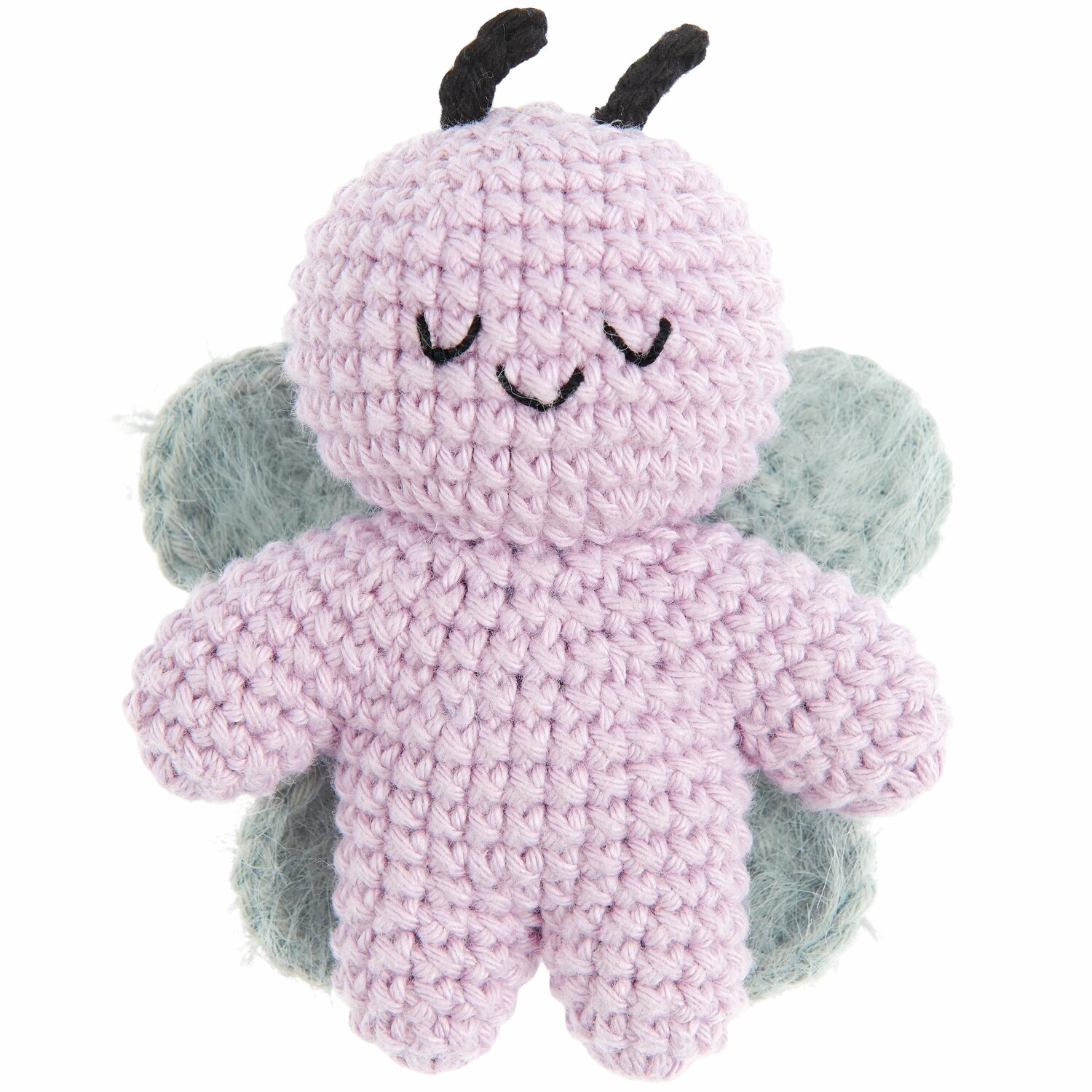 Ricorumi Rico Chingus, gehäkelte Figur in Flieder mit schwarzen Details und flauschigen Flügeln. Ideal für kreative Projekte.
