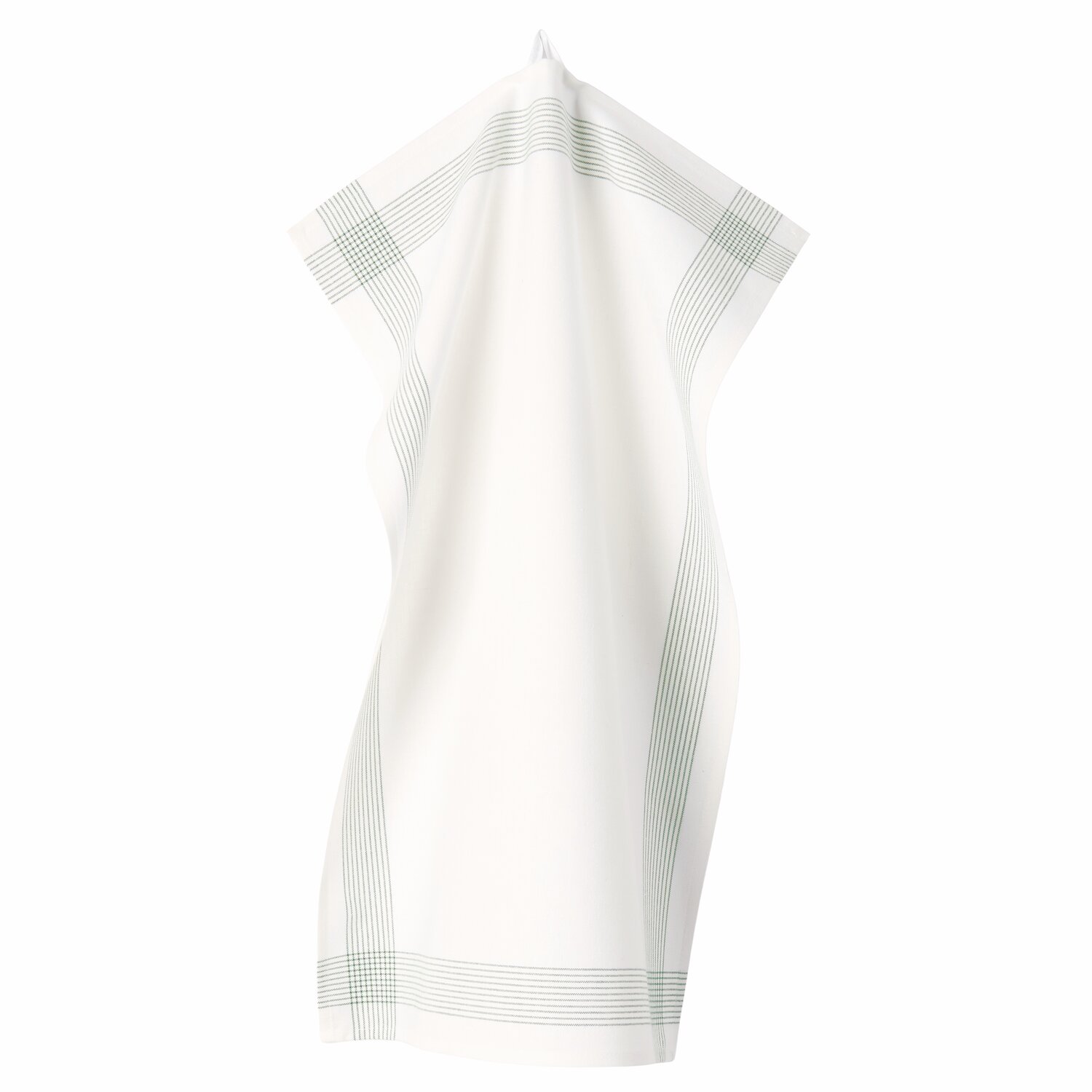 Geschirrtuch von Rico Design, 50x70cm, mit dezentem grünem Streifenmuster auf weißem Hintergrund.