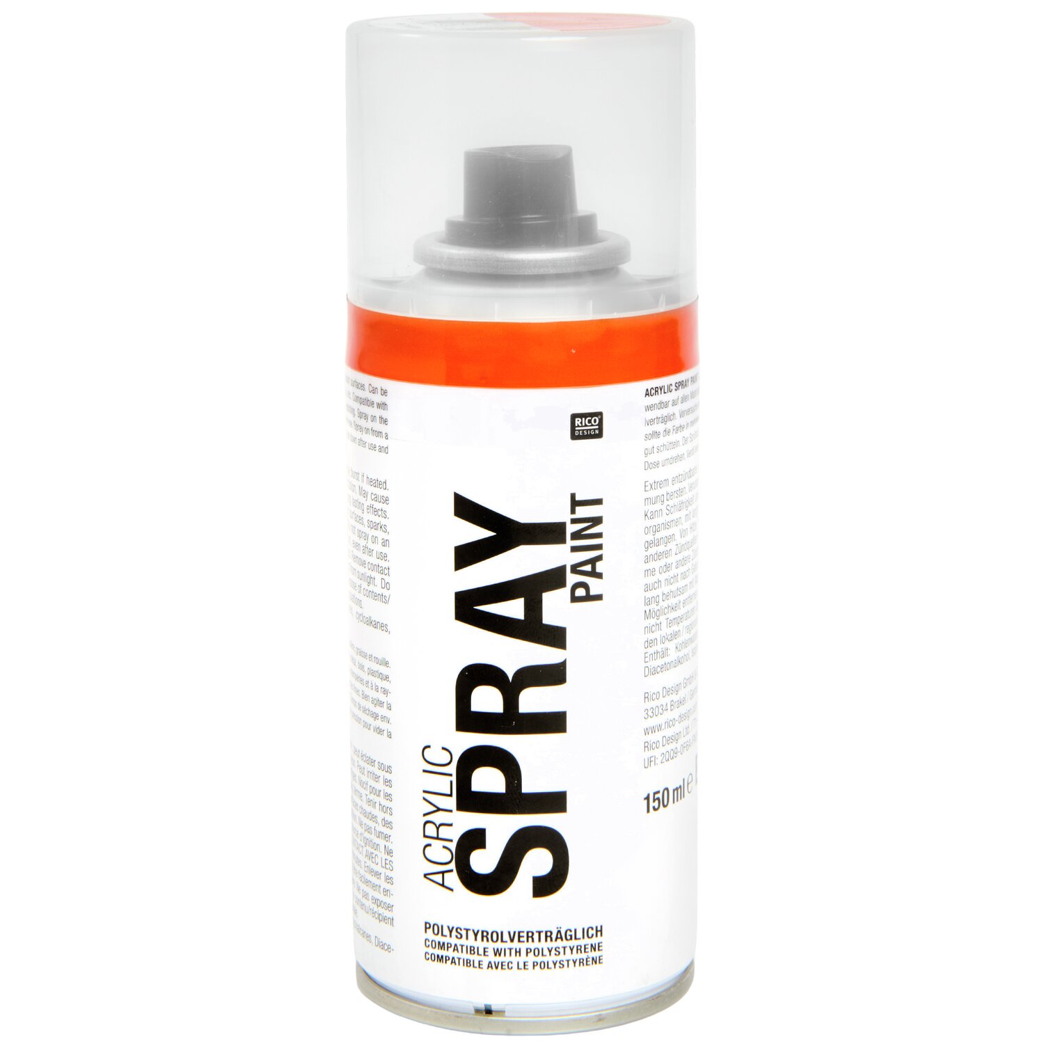 Spray Paint 150ml: Acrylspray in leuchtendem Orange, ideal für kreative Projekte. Marke: Rico Design.