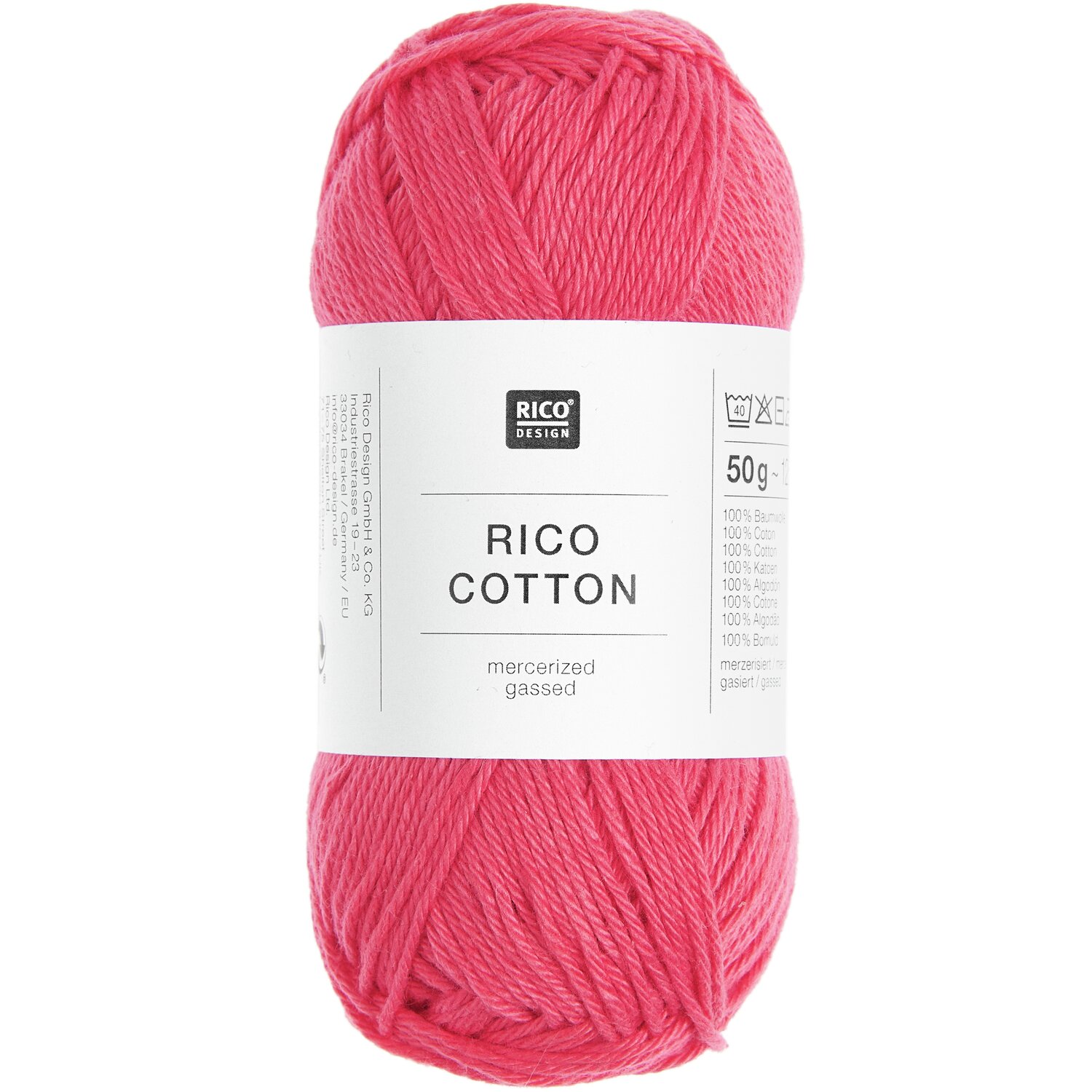 Rico Cotton, mercerisiert und gegast, in leuchtendem Azalee-Rot, 50g Knäuel, 125m Länge.