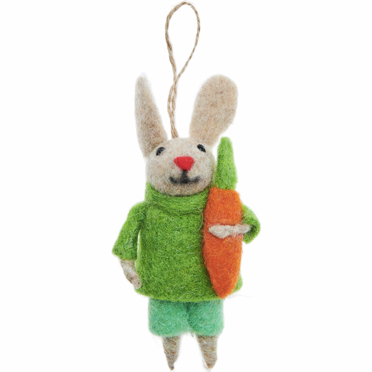 Aufhänger Filz-Hase mit Pulli und Möhre, 14x7x3cm. Niedlicher Hase in grünem Outfit mit orangefarbener Möhre. Ideal als Dekoration.