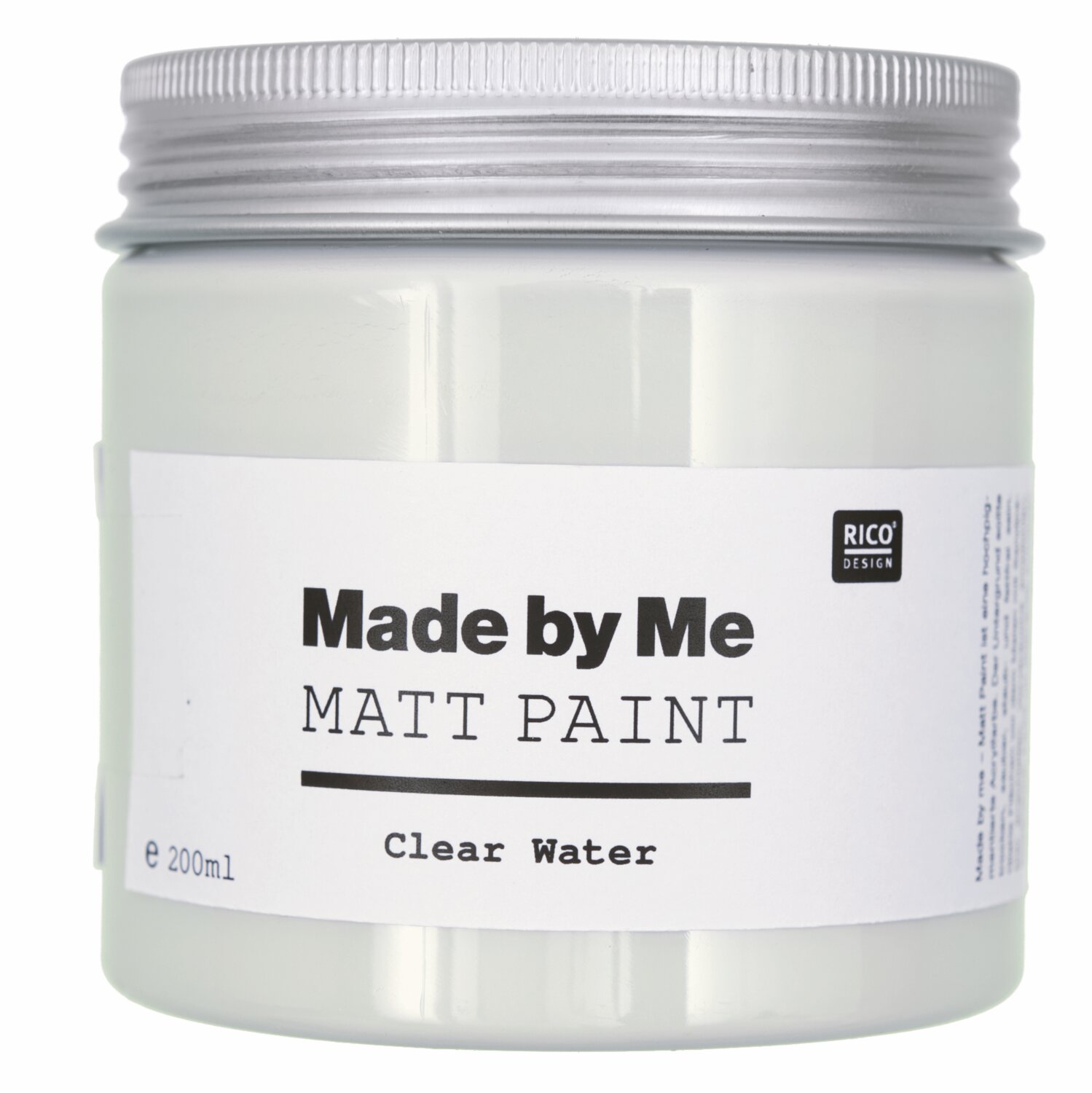Matt Paint 200ml von Rico Design, Farbton Clear Water. Weiße Dose mit silbernem Deckel.