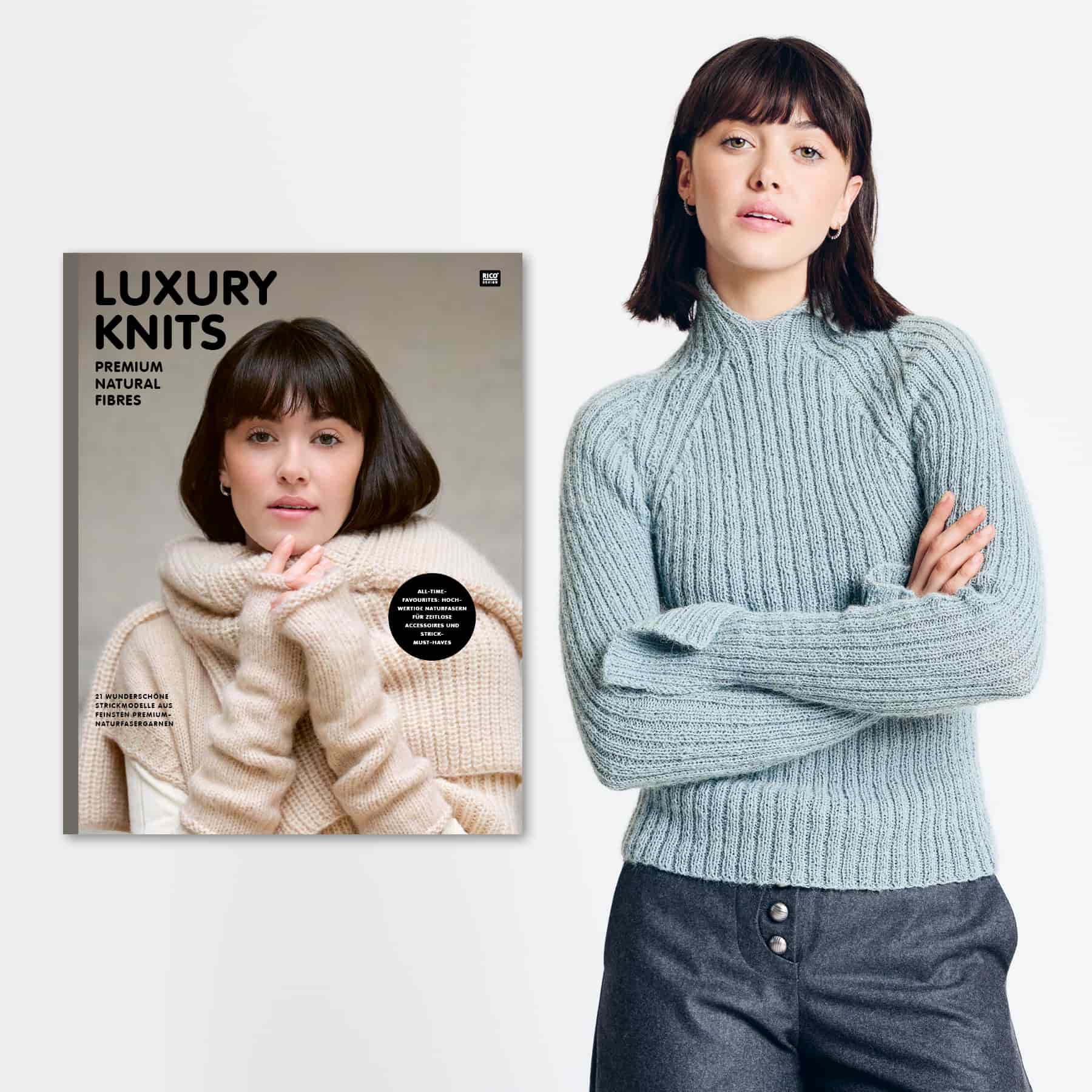 Frau trägt gestrickten Pullover aus dem Handstrick Magazin Luxury Knits - Premium Natural Fibres. Daneben ein Cover des Handstrick Magazins Luxury Knits - Premium Natural Fibres