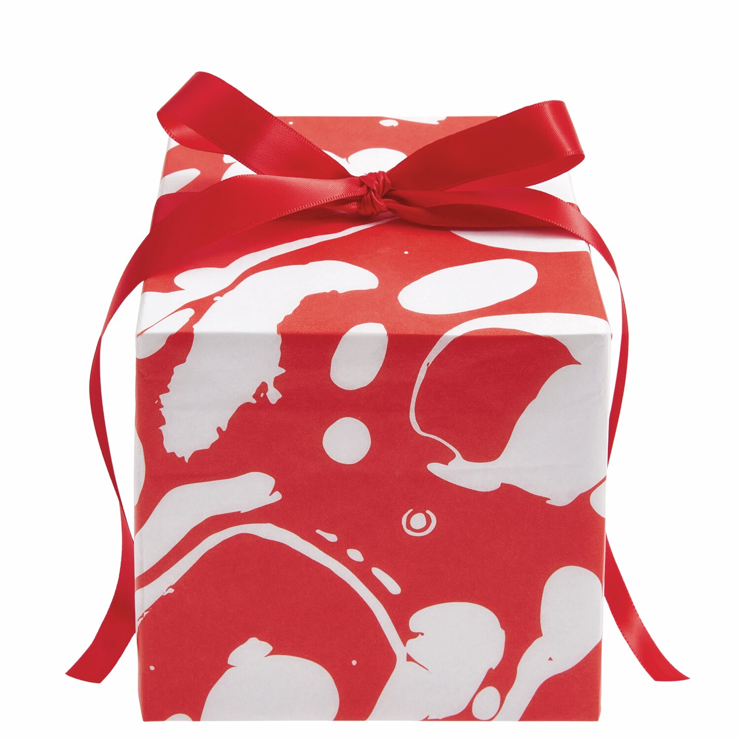 Seidenpapier Marmor 415x50cm von Rico Design in Rot/Weiß, dekoriert als Geschenk mit rotem Band.