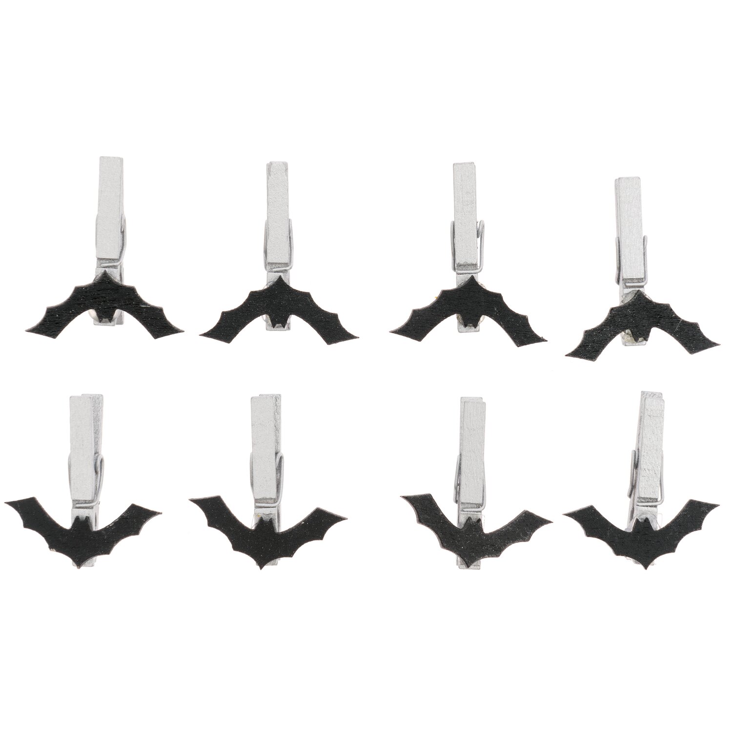 Holzclips Fledermaus schwarz 8 Stück: Acht schwarze Fledermaus-Holzclips von Rico Design auf weißem Hintergrund.