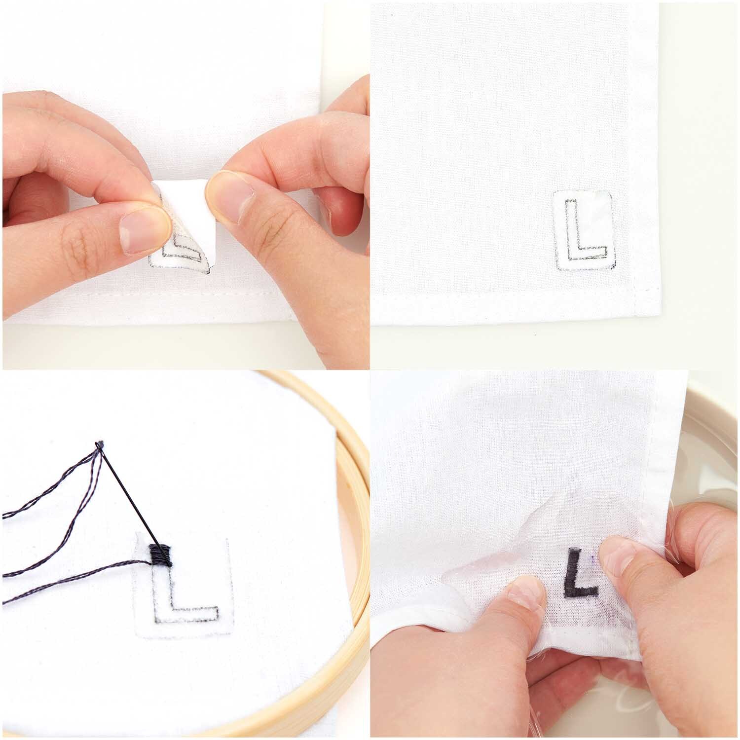 Stick and Stitch Stickpackung Pixel Art Herzen vorgezeichnet. Hände zeigen Stickprozess auf weißem Stoff.