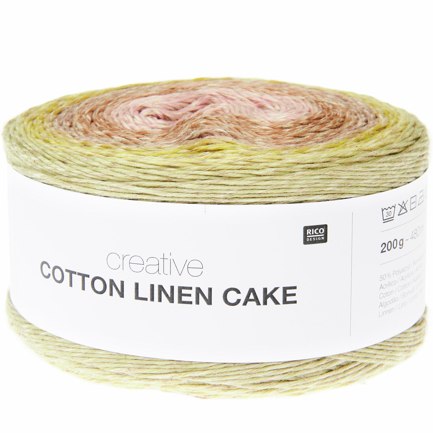 Creative Cotton Linen Cake, Strickgarn in sanften Frühlingsfarben, 200g, 480m, von Rico Design.