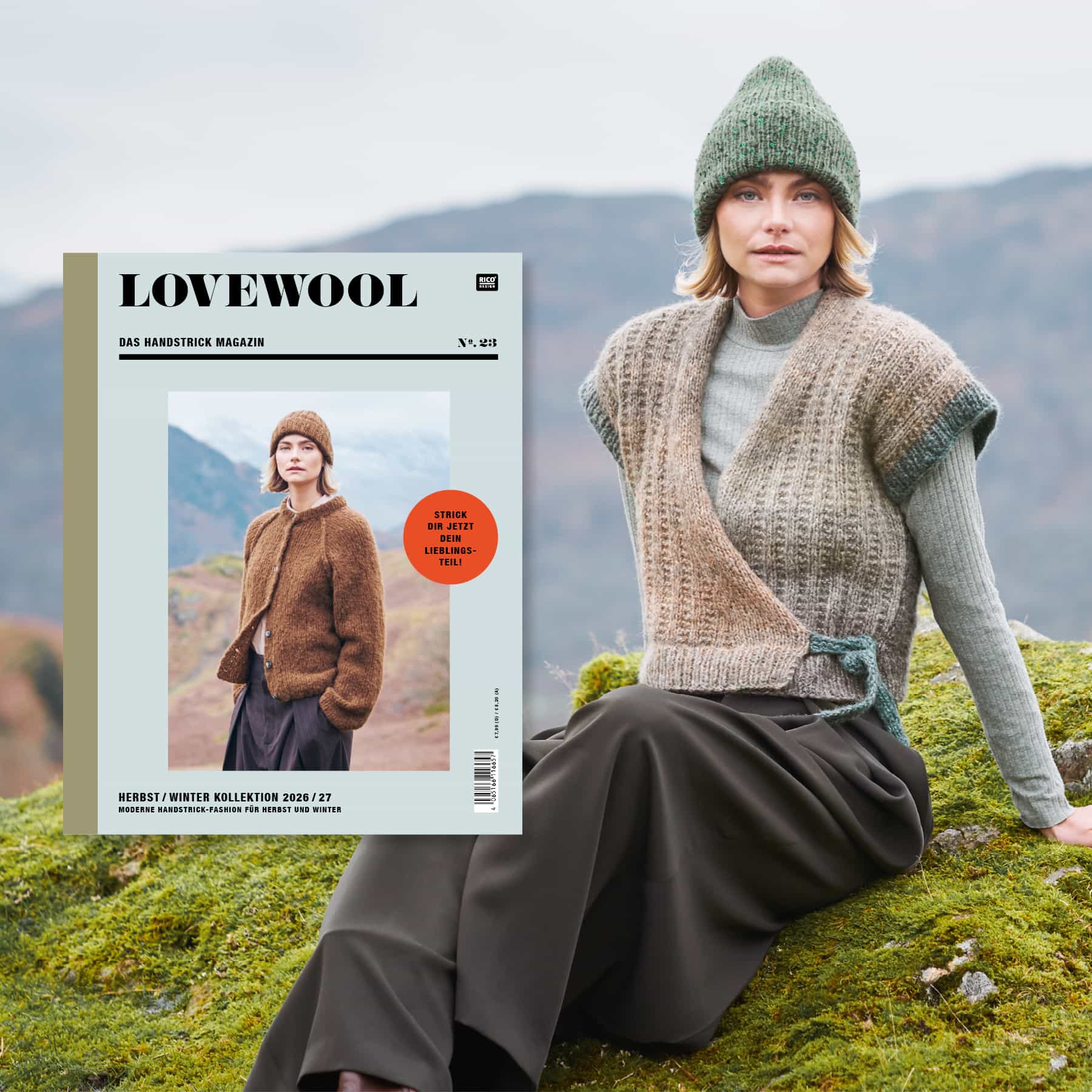 Eine Frau trägt ein herbstliches Outfit mit gestricktem Pullover und Mütze und steht vor einer Landschaft mit Bergen. Daneben ein Cover des Handstrick Magazins Lovewool No. 23.