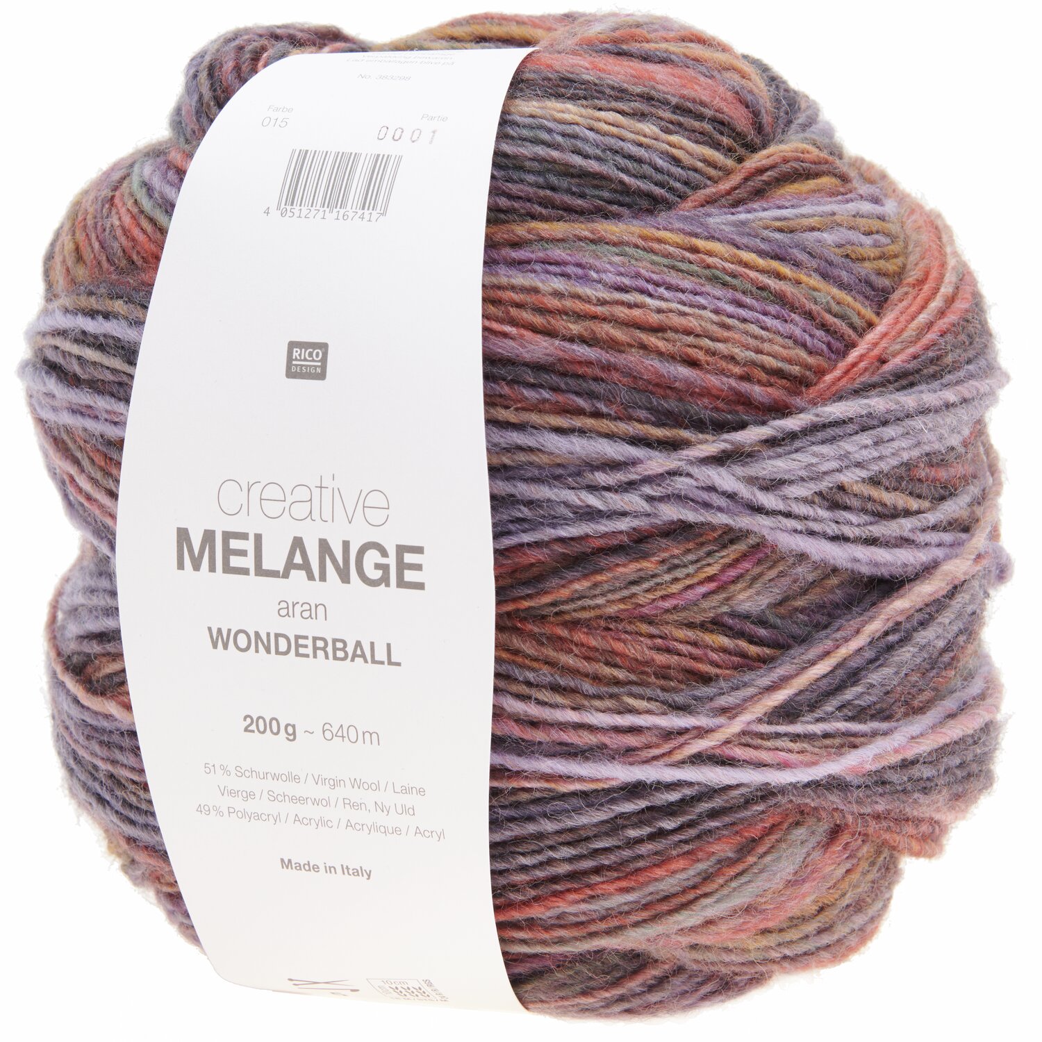 Creative Melange aran Wonderball, 200g 640m, in Flieder-Orange von Rico Design, ideal zum Stricken.
