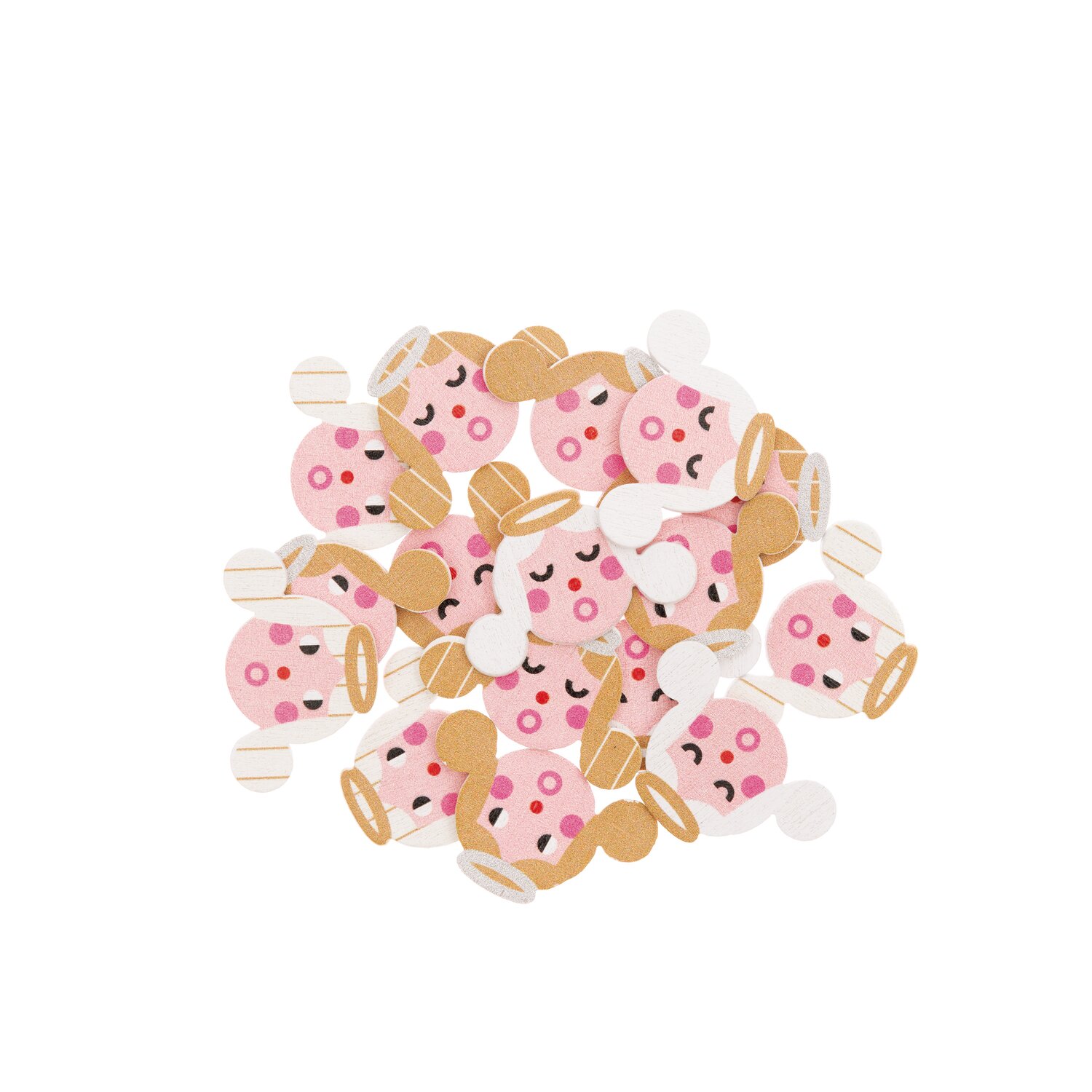 Holzstreu Engel Mix rosa-gold 30x19mm 48 Stück zeigt lächelnde Engel in Rosa und Gold. Ideal für kreative Dekorationen und Bastelprojekte.