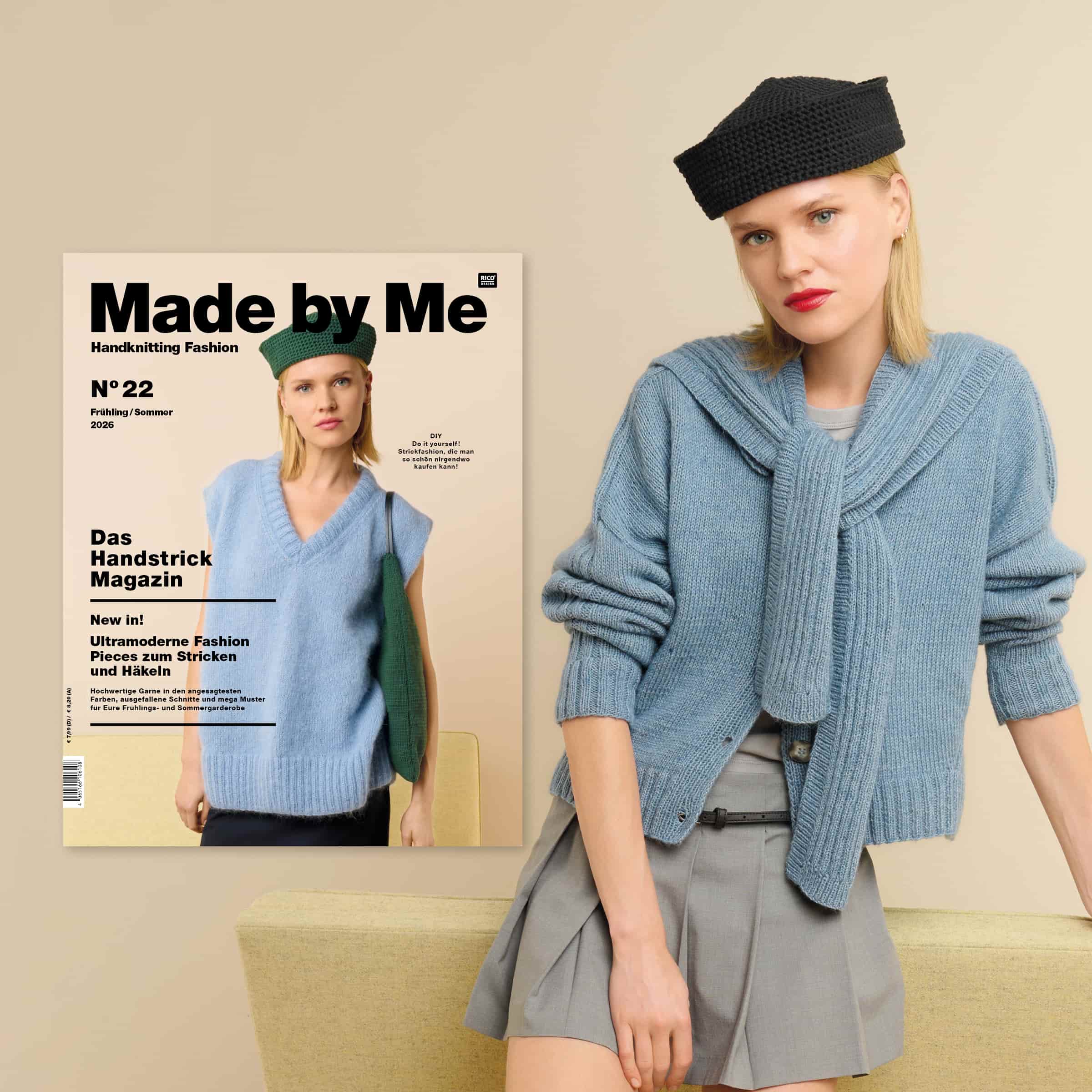 Eine Frau trägt eine gestrickte Jacke und einen gehäkelten Sailor-Hat aus dem Handstrick Magazin Made by Me No. 22. Daneben ein Cover des Handstrick Magazins Made by Me No. 22.