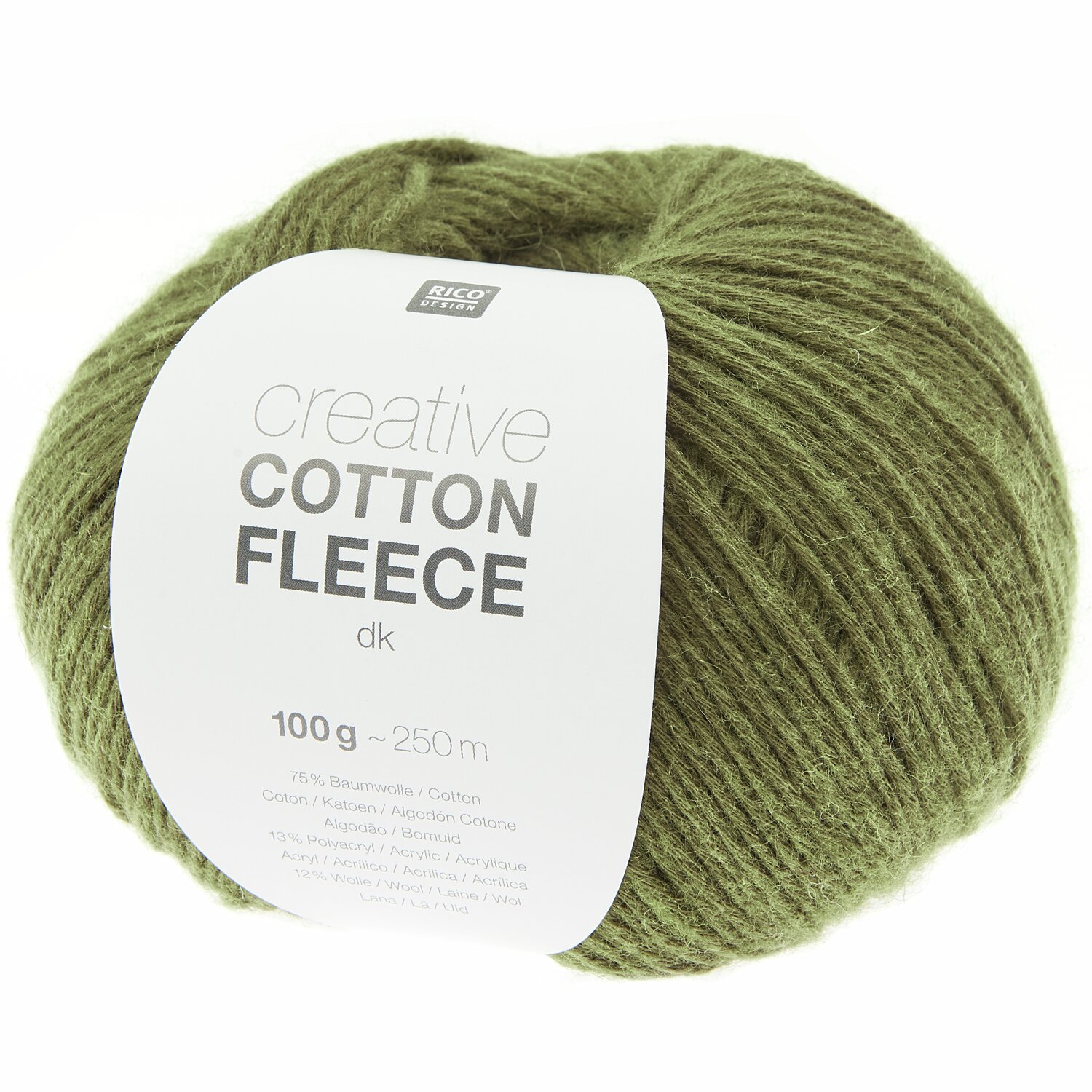Creative Cotton Fleece dk von Rico Design in Olivgrün, 100g, 250m. Ideal für Strickprojekte.
