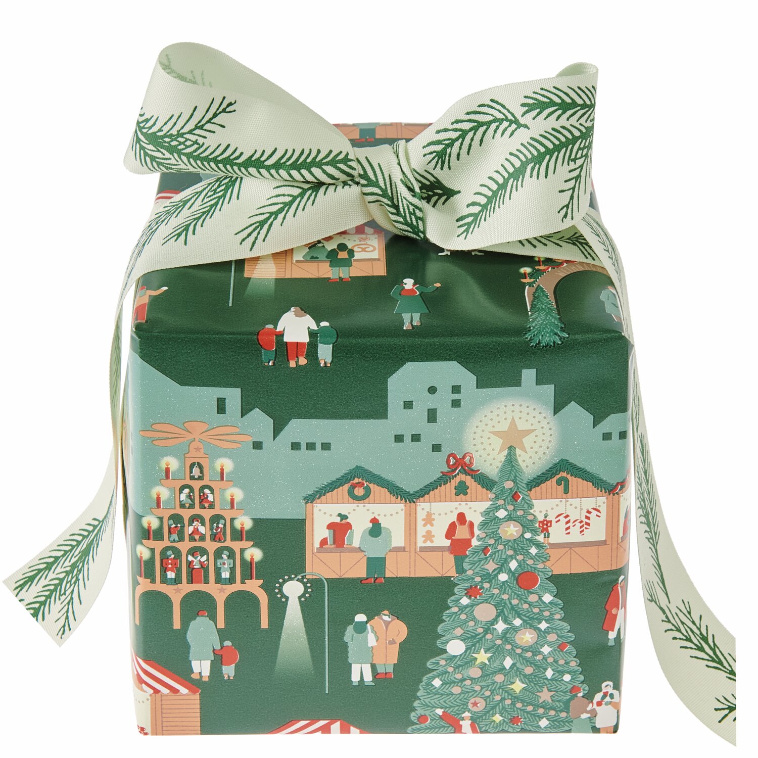 Paper Poetry Geschenkpapier Weihnachtsmarkt 200x70cm 80g/m² von Rico Design Paper Poetry Geschenkpapier Weihnachtsmarkt zeigt festliche Szenen mit Tannenbaum und Marktständen auf grünem Hintergrund.
